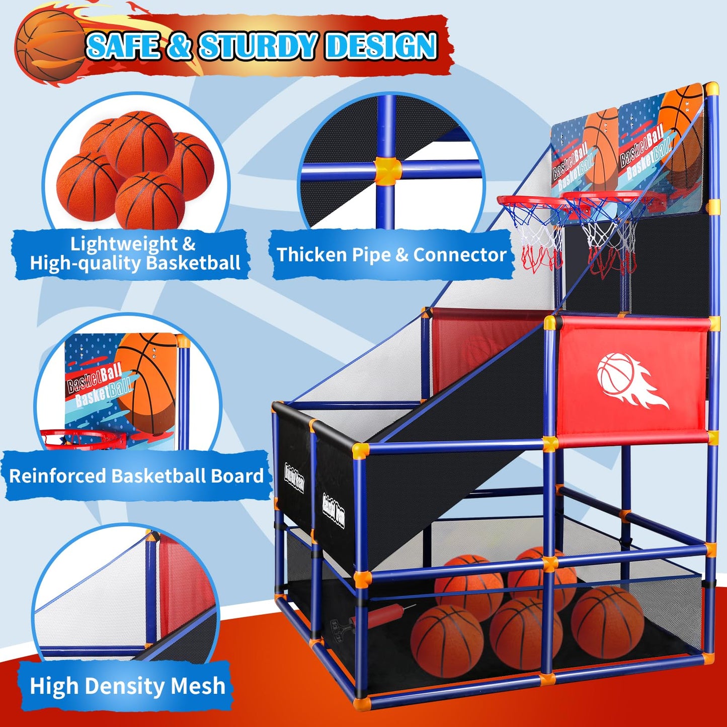 NEUBSAW Arcade Basketball Game Set — 2-Player Kids Hoop with 5 Balls, Adjustable Height