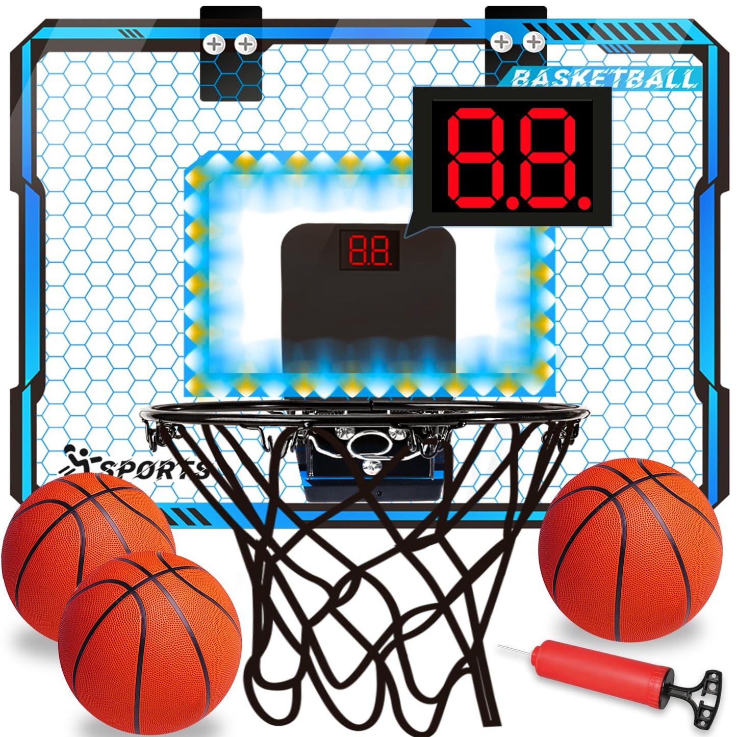 NEUBSAW Indoor Basketball Hoop with LED Lights - Door-Hanging Mini Hoop