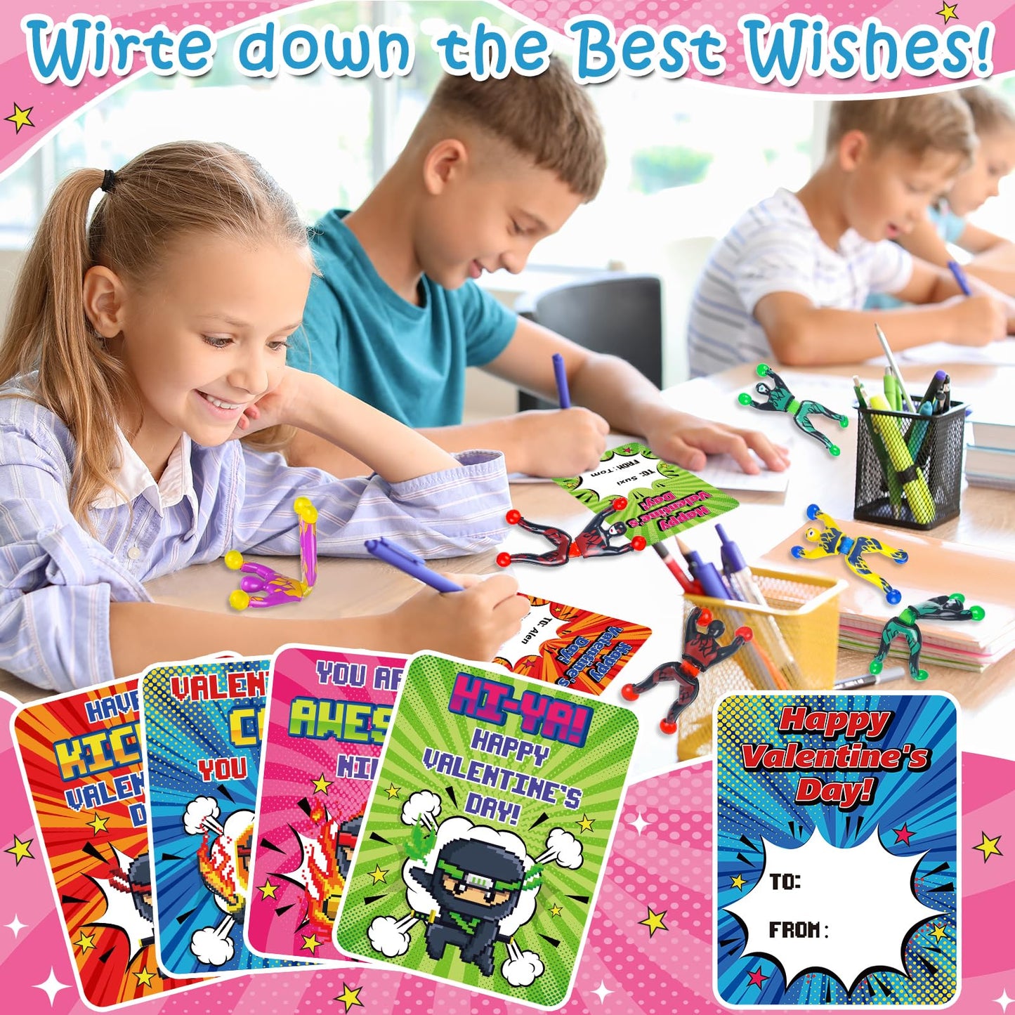 NEUBSAW 28-Pack Valentine Cards with Sticky Wall Climbing Ninja Toys – Classroom Gifts & Party Favors