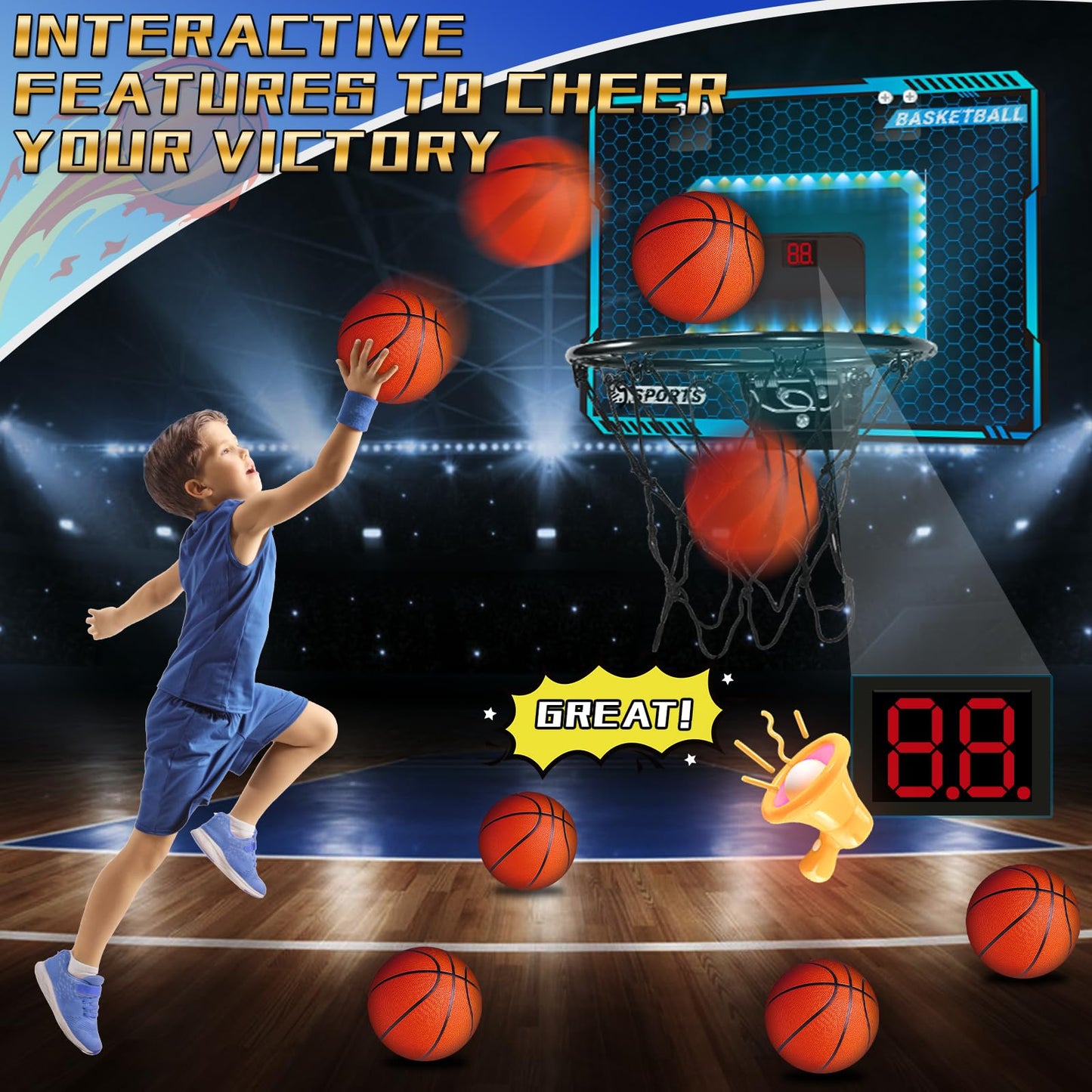 NEUBSAW Indoor Basketball Hoop with LED Lights - Door-Hanging Mini Hoop
