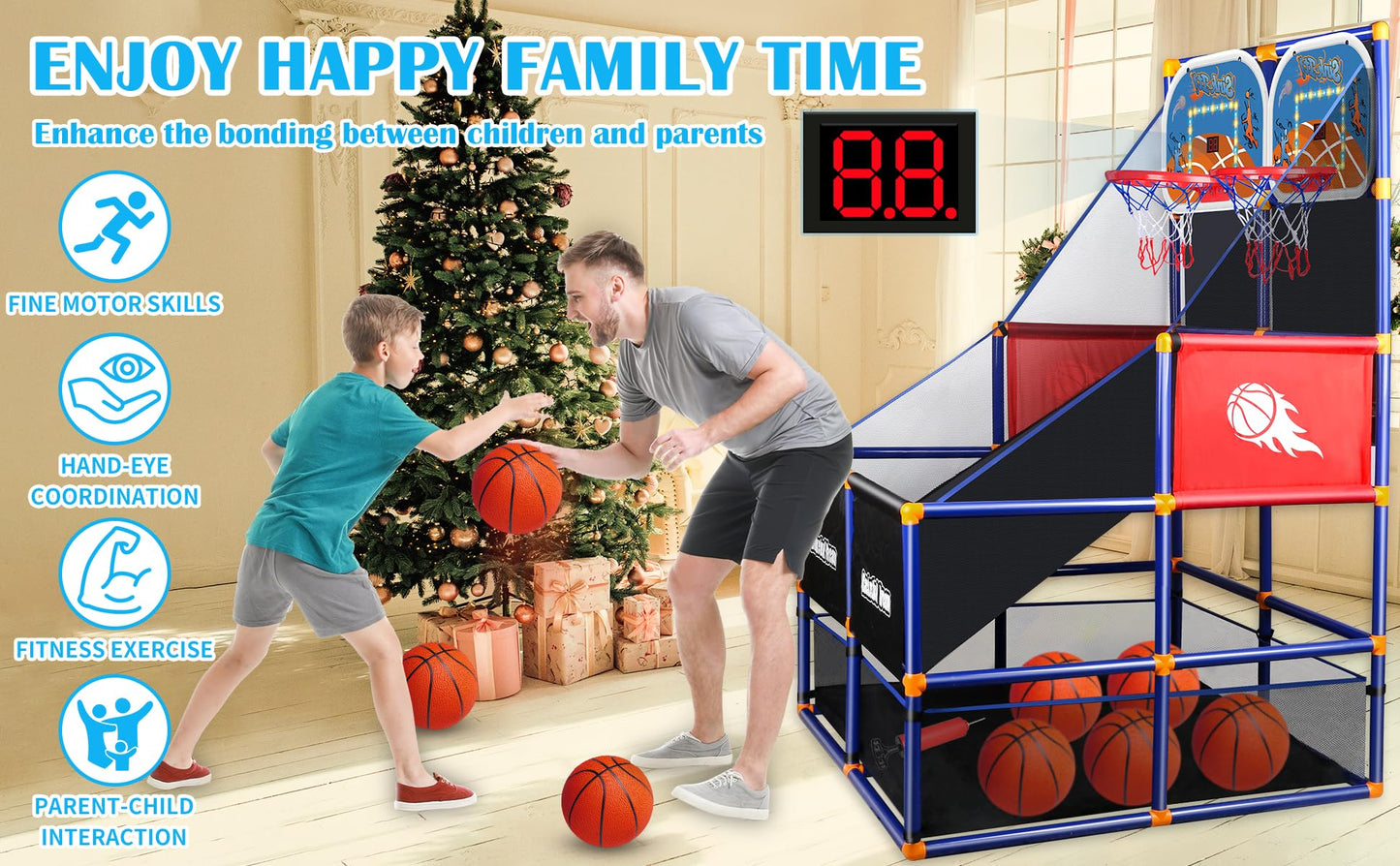 NEUBSAW LED Arcade Basketball Game Set – 2 Players, Adjustable Height, Electronic Scoreboard, 5 Balls