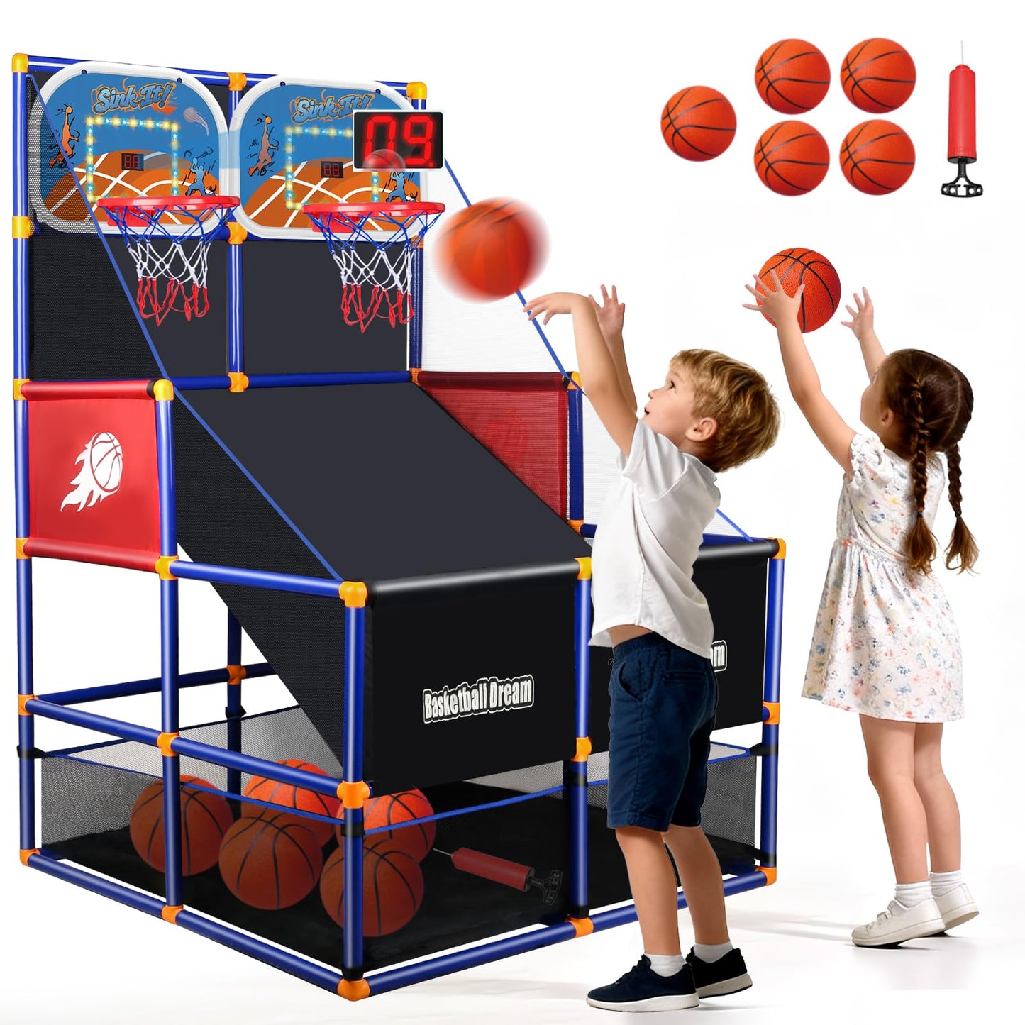 NEUBSAW LED Arcade Basketball Game Set – 2 Players, Adjustable Height, Electronic Scoreboard, 5 Balls