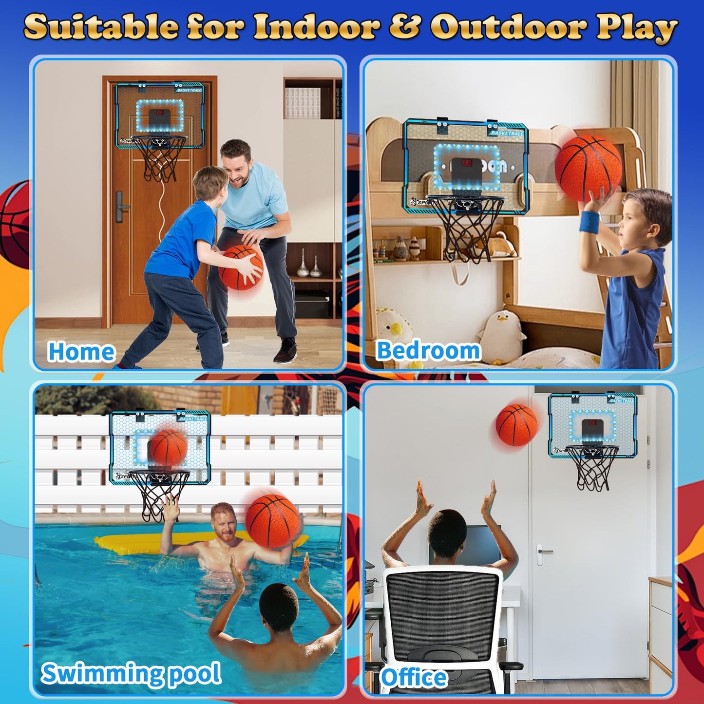 NEUBSAW Indoor Basketball Hoop with LED Lights - Door-Hanging Mini Hoop