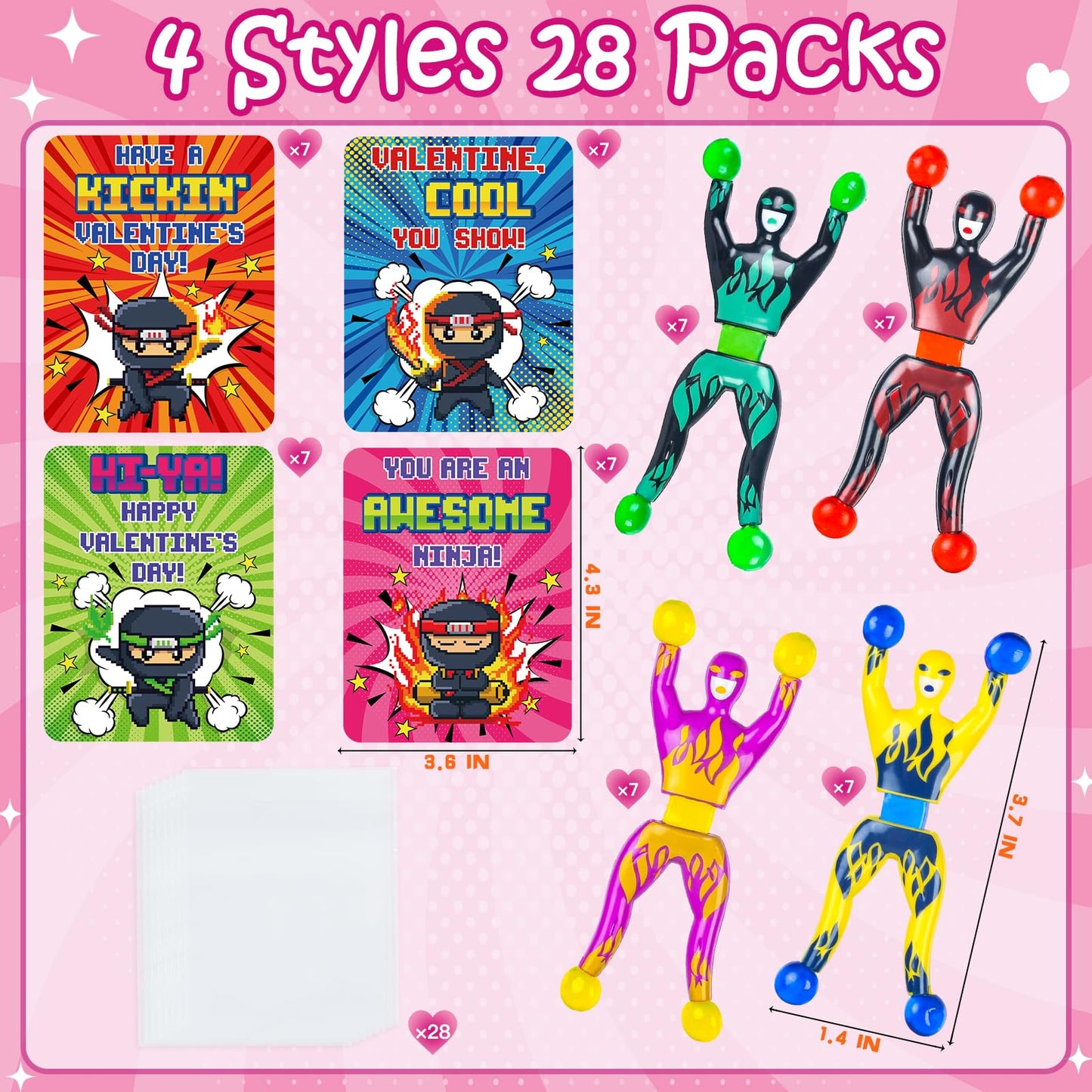 NEUBSAW 28-Pack Valentine Cards with Sticky Wall Climbing Ninja Toys – Classroom Gifts & Party Favors