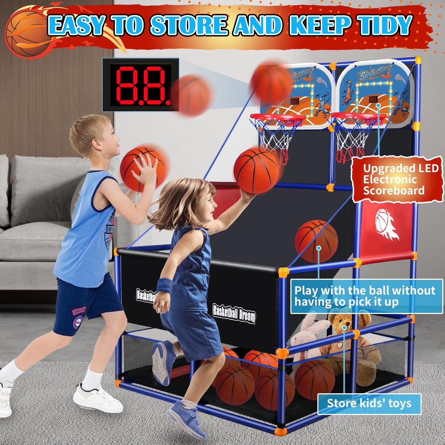 NEUBSAW LED Arcade Basketball Game Set – 2 Players, Adjustable Height, Electronic Scoreboard, 5 Balls