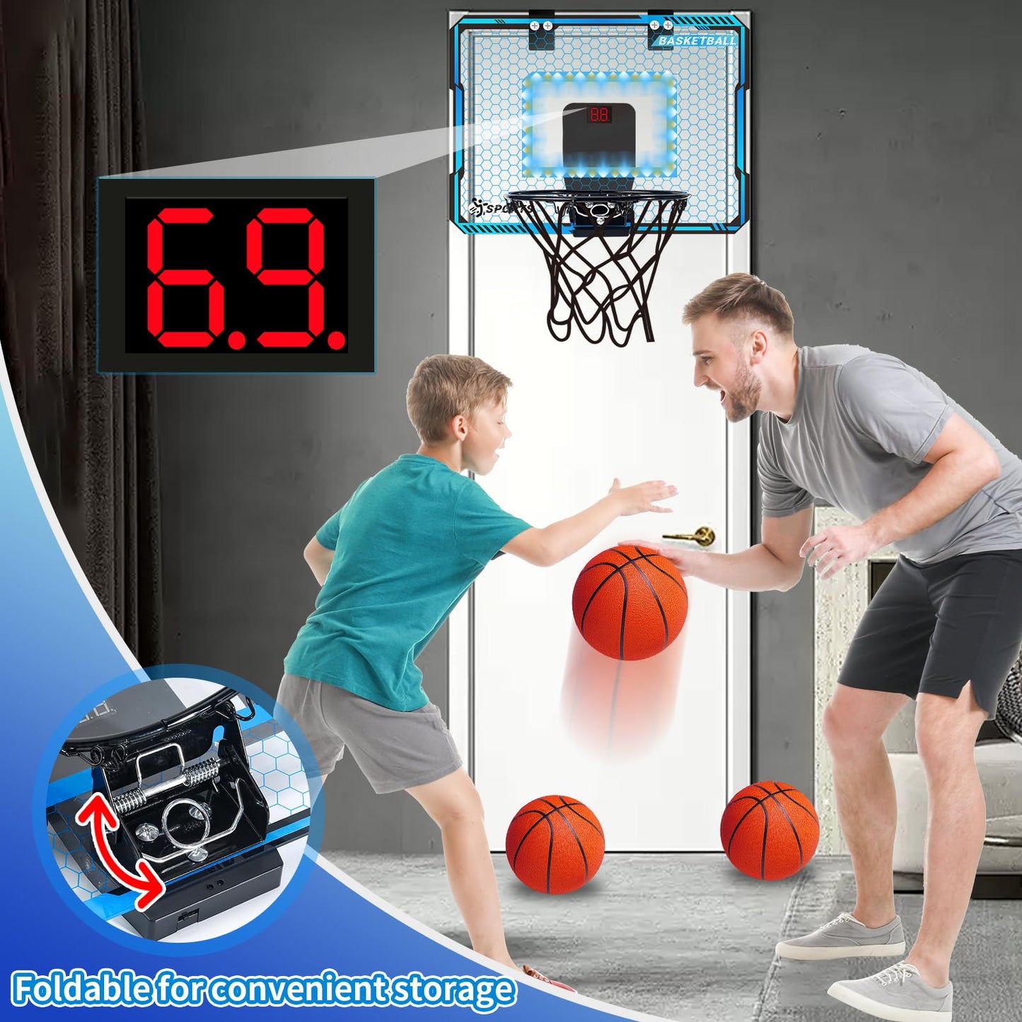 NEUBSAW Indoor Basketball Hoop with LED Lights - Door-Hanging Mini Hoop
