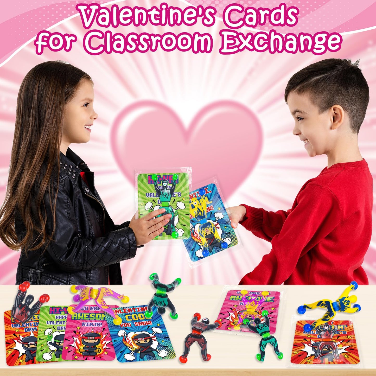 NEUBSAW 28-Pack Valentine Cards with Sticky Wall Climbing Ninja Toys – Classroom Gifts & Party Favors