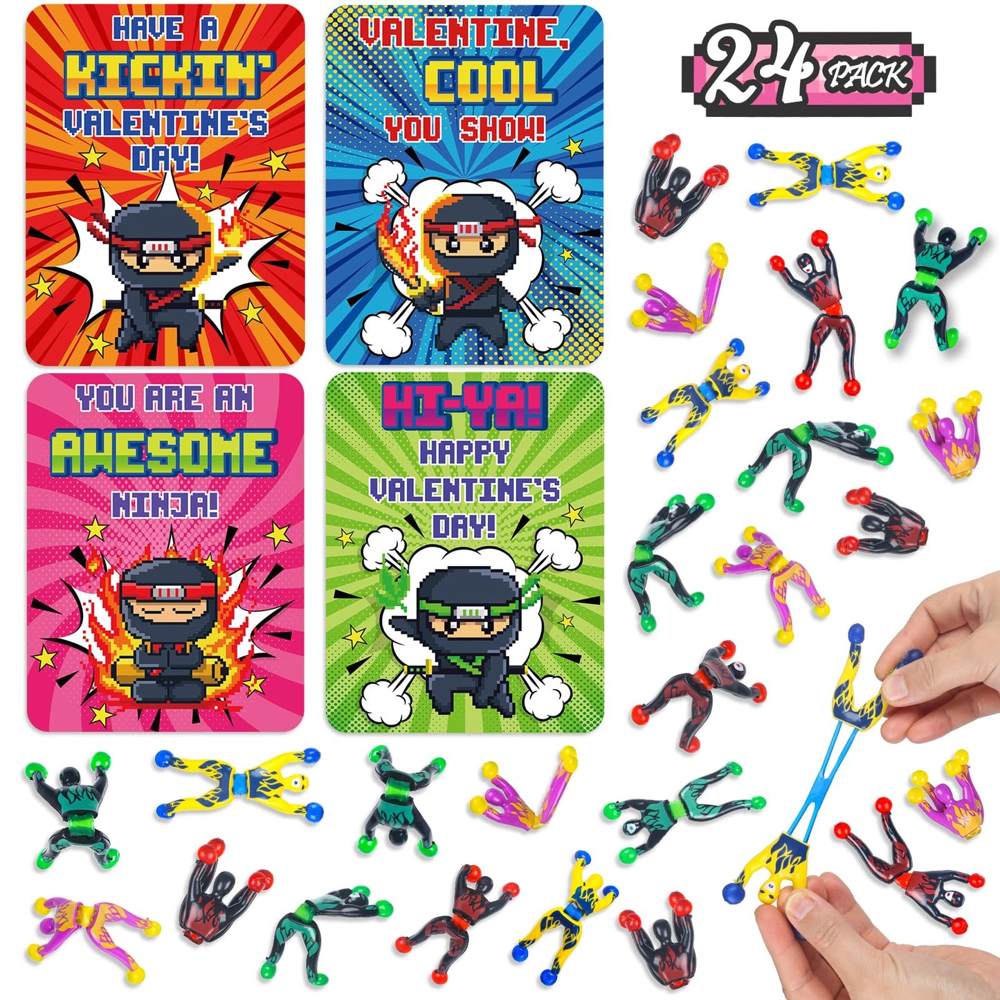 NEUBSAW 28-Pack Valentine Cards with Sticky Wall Climbing Ninja Toys – Classroom Gifts & Party Favors