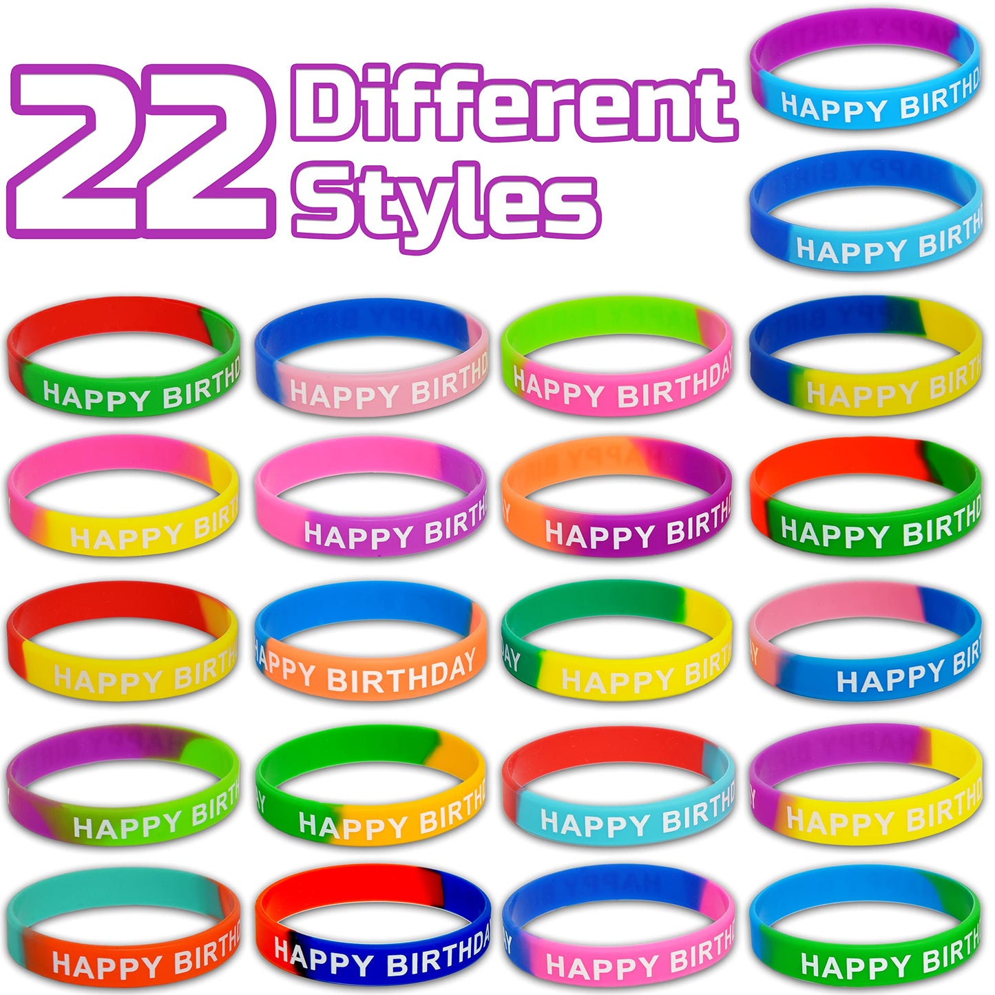 Neureyte 66-Piece Birthday Bracelets (22 Styles) — Colorful Silicone Wristbands for Classrooms & Parties