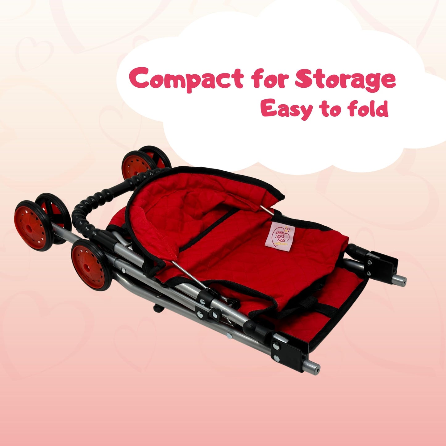 The New York Doll Collection My First Doll Stroller with Basket – Foldable Red Quilted