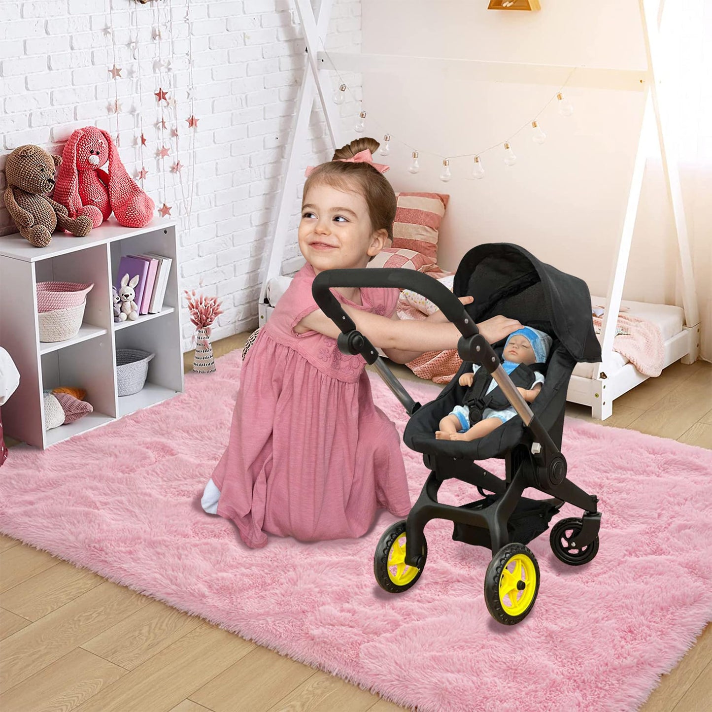 The New York Doll Collection Baby Doll Stroller & Car Seat 2-in-1 – Fits Up to 20” Dolls – Adjustable Handle (Black)