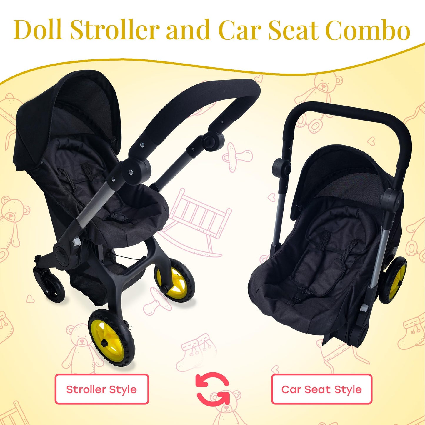 The New York Doll Collection Baby Doll Stroller & Car Seat 2-in-1 – Fits Up to 20” Dolls – Adjustable Handle (Black)