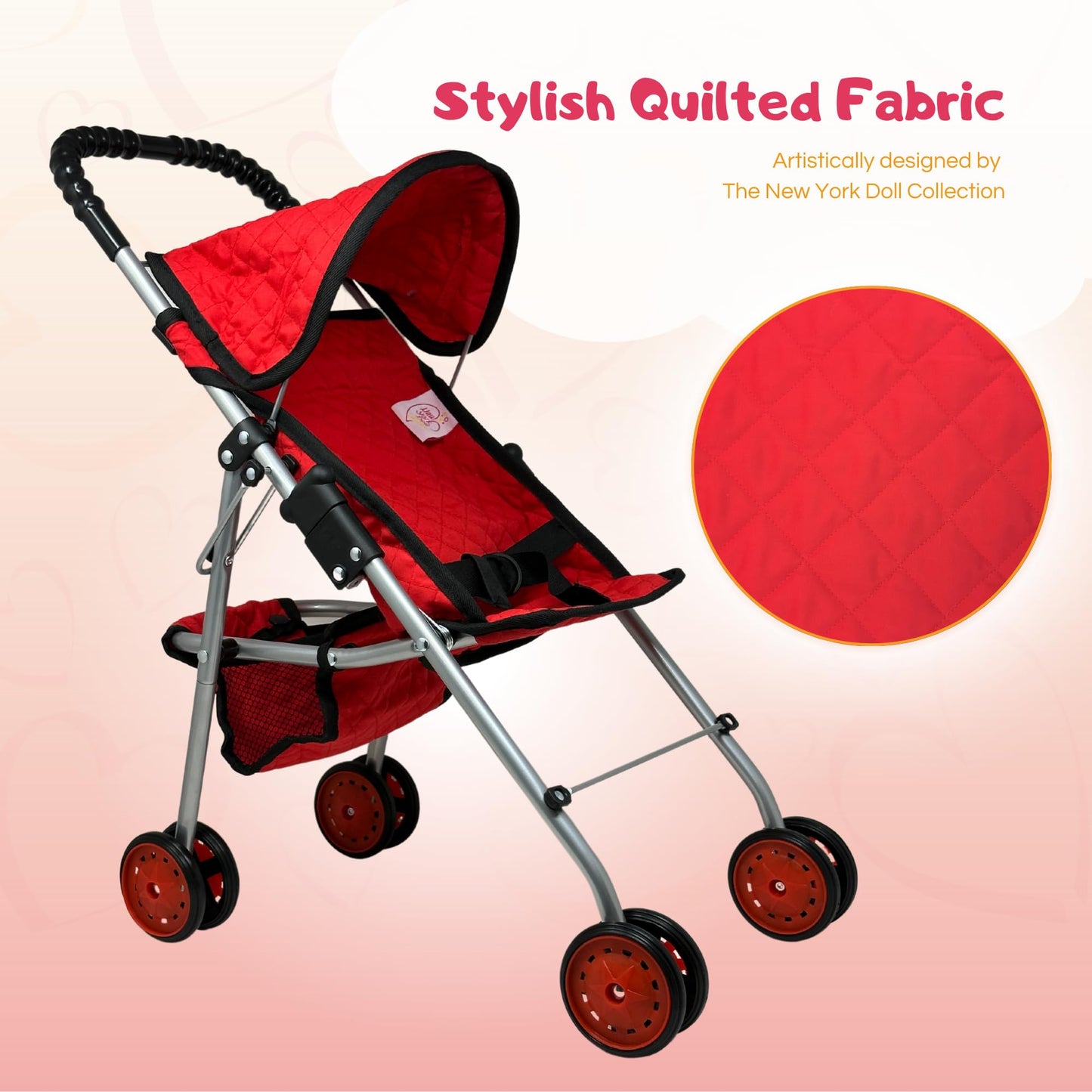 The New York Doll Collection My First Doll Stroller with Basket – Foldable Red Quilted