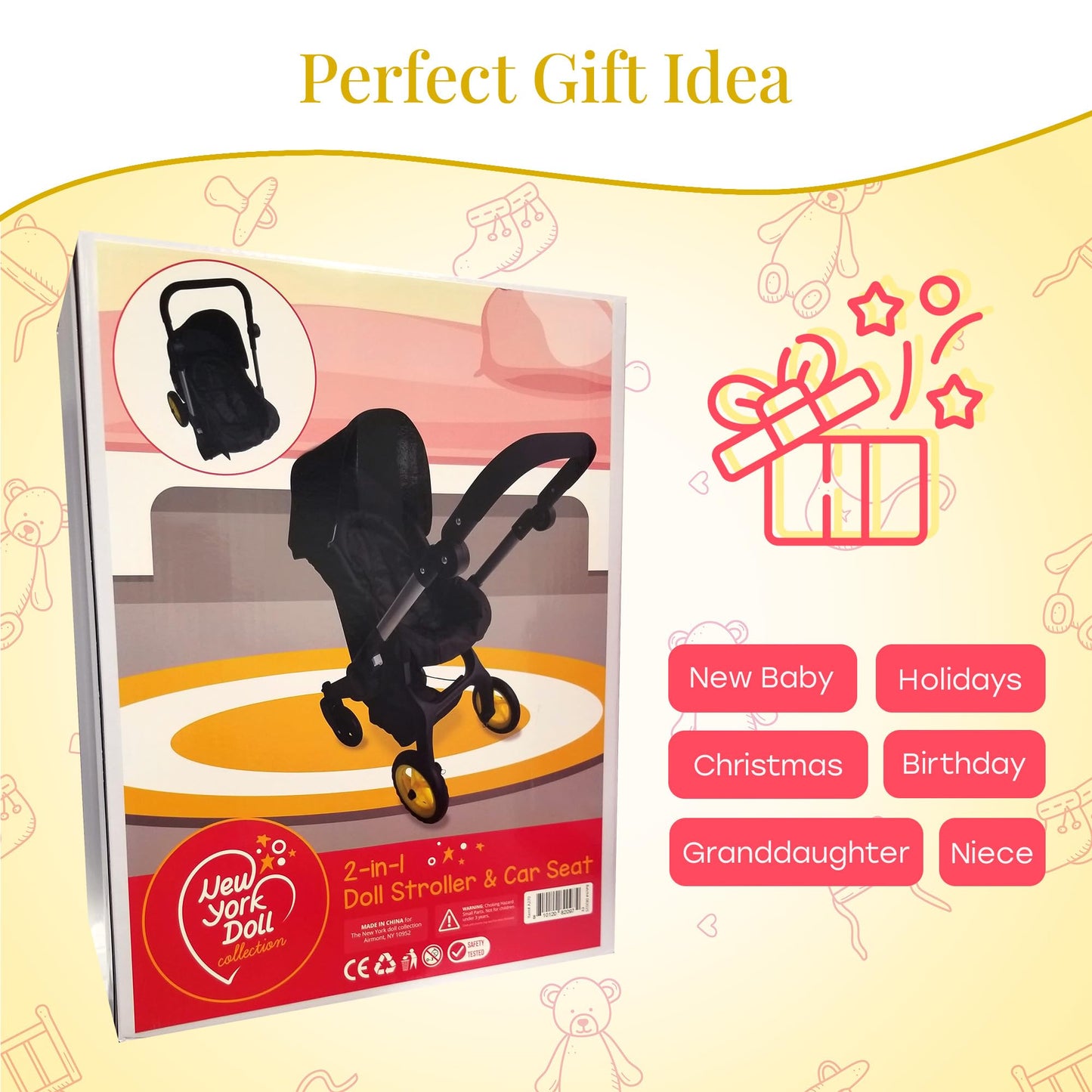 The New York Doll Collection Baby Doll Stroller & Car Seat 2-in-1 – Fits Up to 20” Dolls – Adjustable Handle (Black)