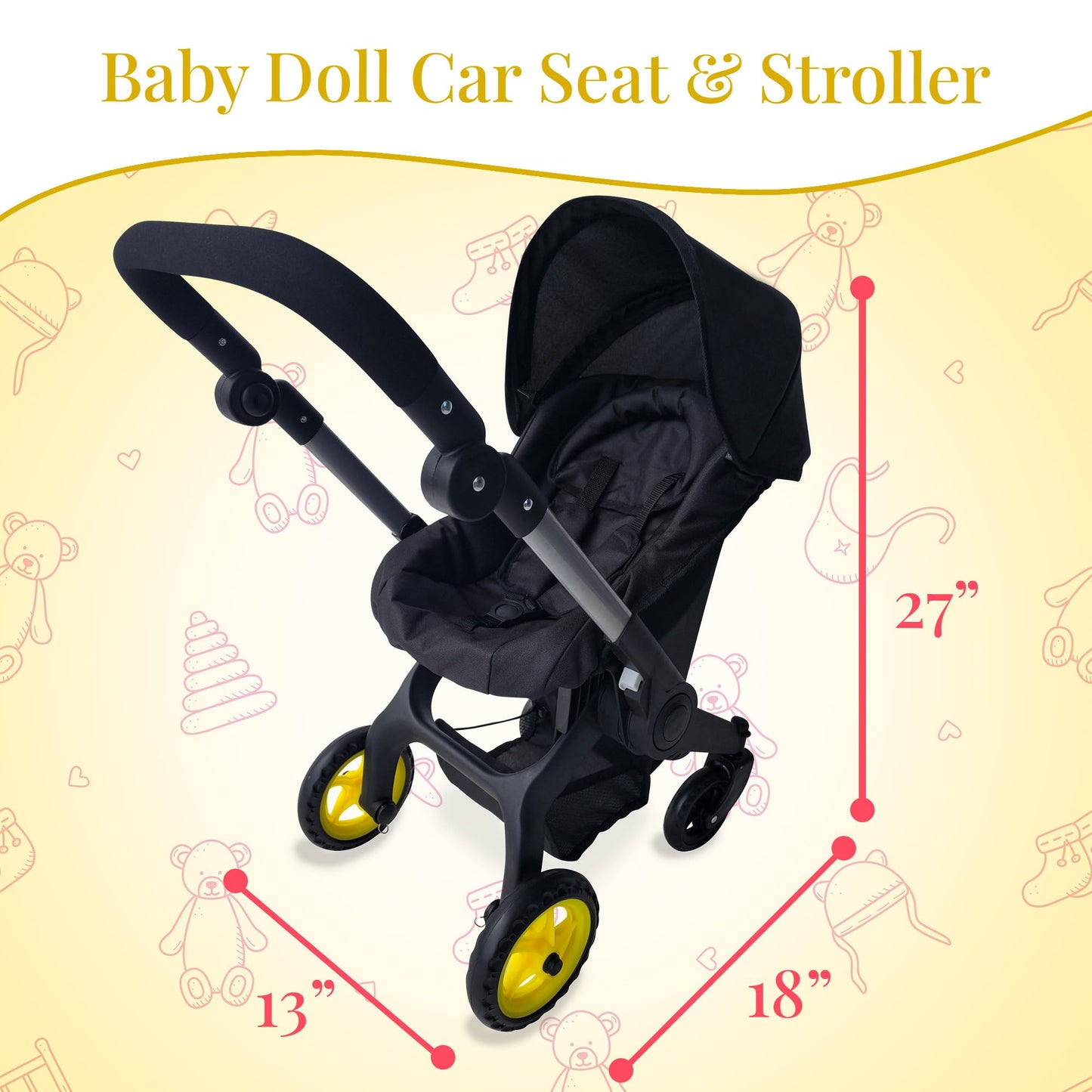 The New York Doll Collection Baby Doll Stroller & Car Seat 2-in-1 – Fits Up to 20” Dolls – Adjustable Handle (Black)