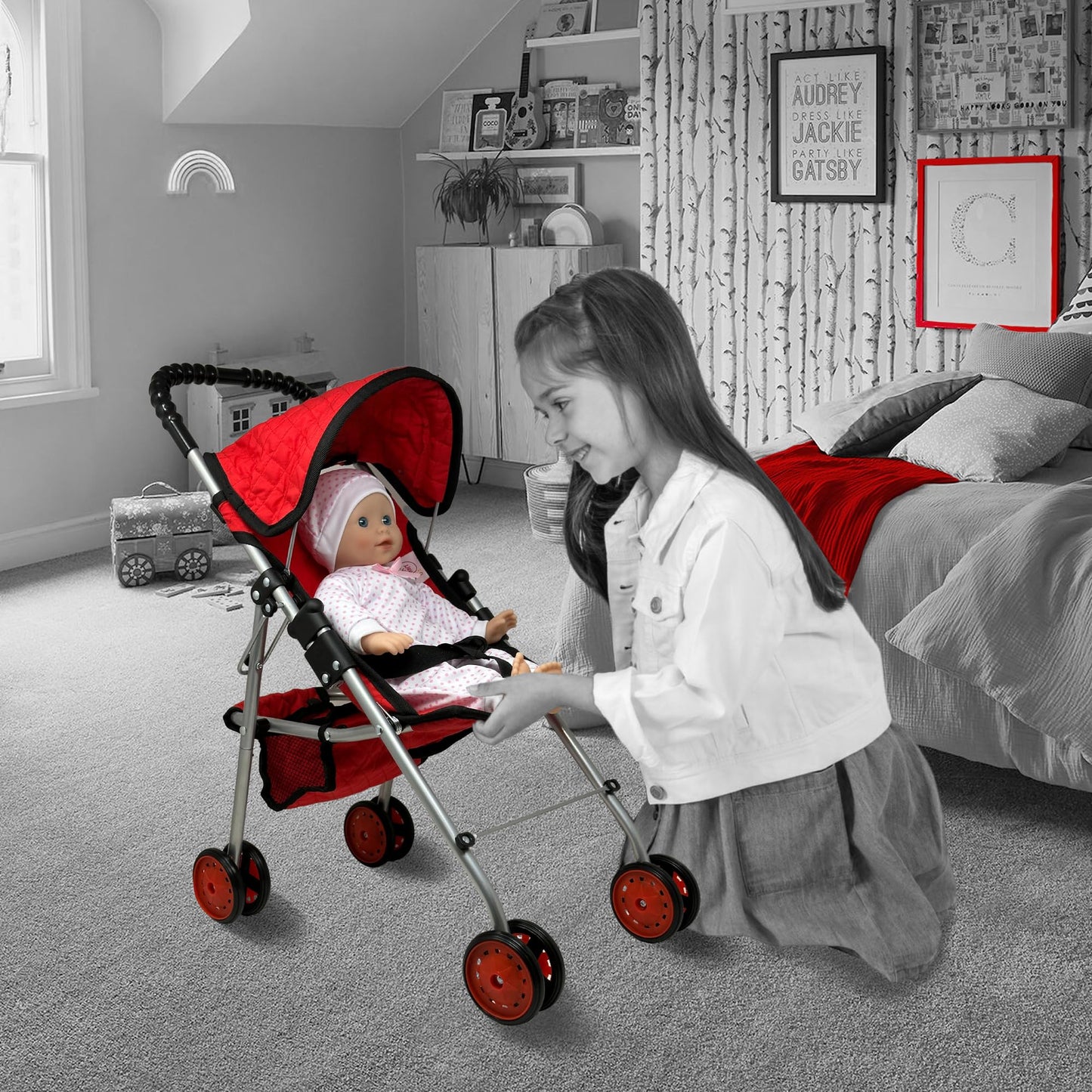 The New York Doll Collection My First Doll Stroller with Basket – Foldable Red Quilted