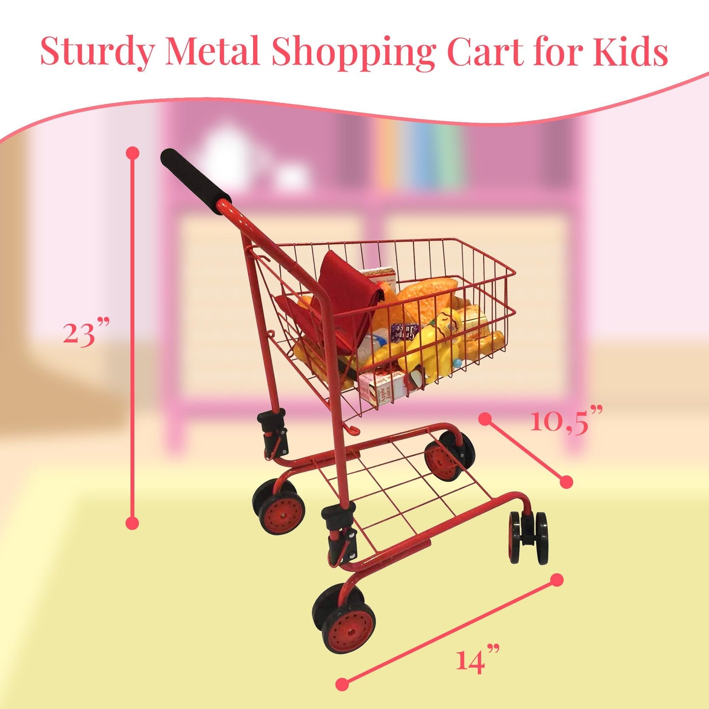 The New York Doll Collection Toy Shopping Cart for Kids – Red with Food, Folds for Easy Storage