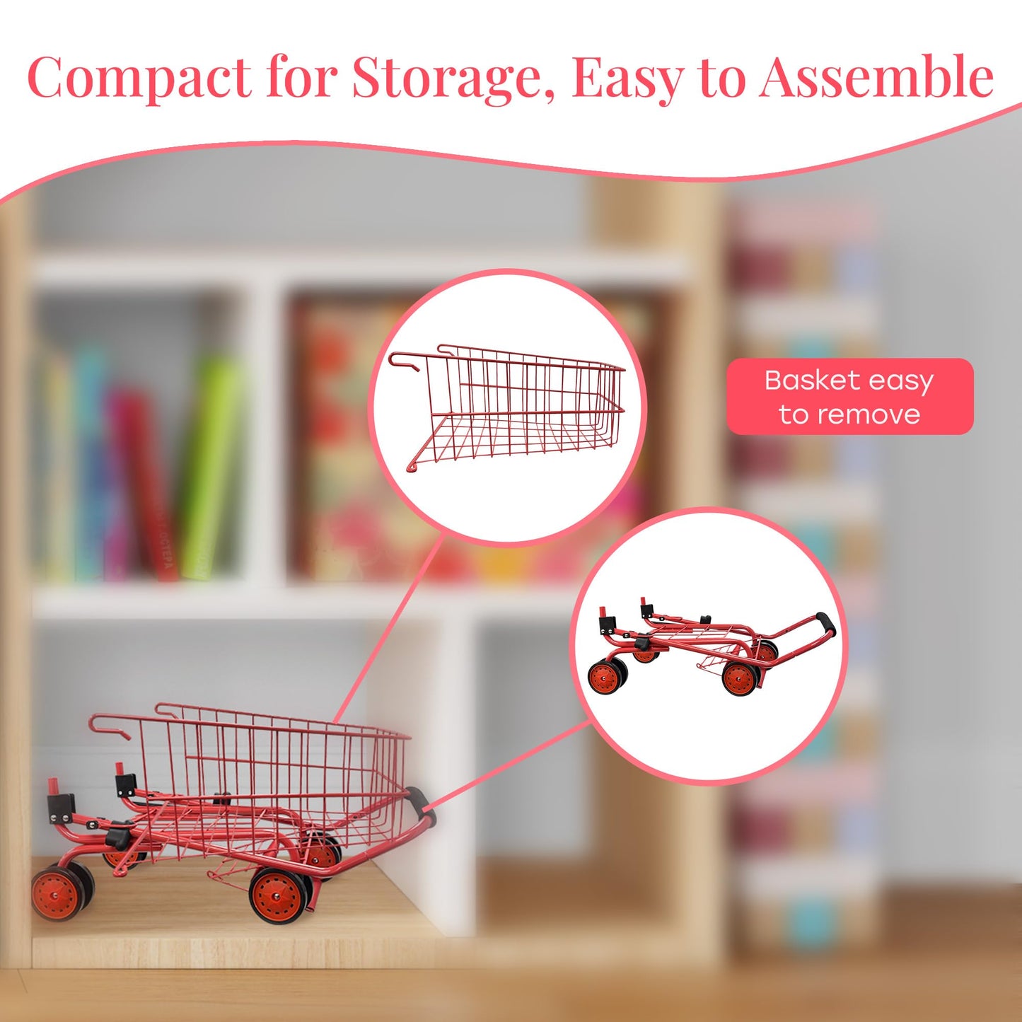 The New York Doll Collection Toy Shopping Cart for Kids – Red with Food, Folds for Easy Storage