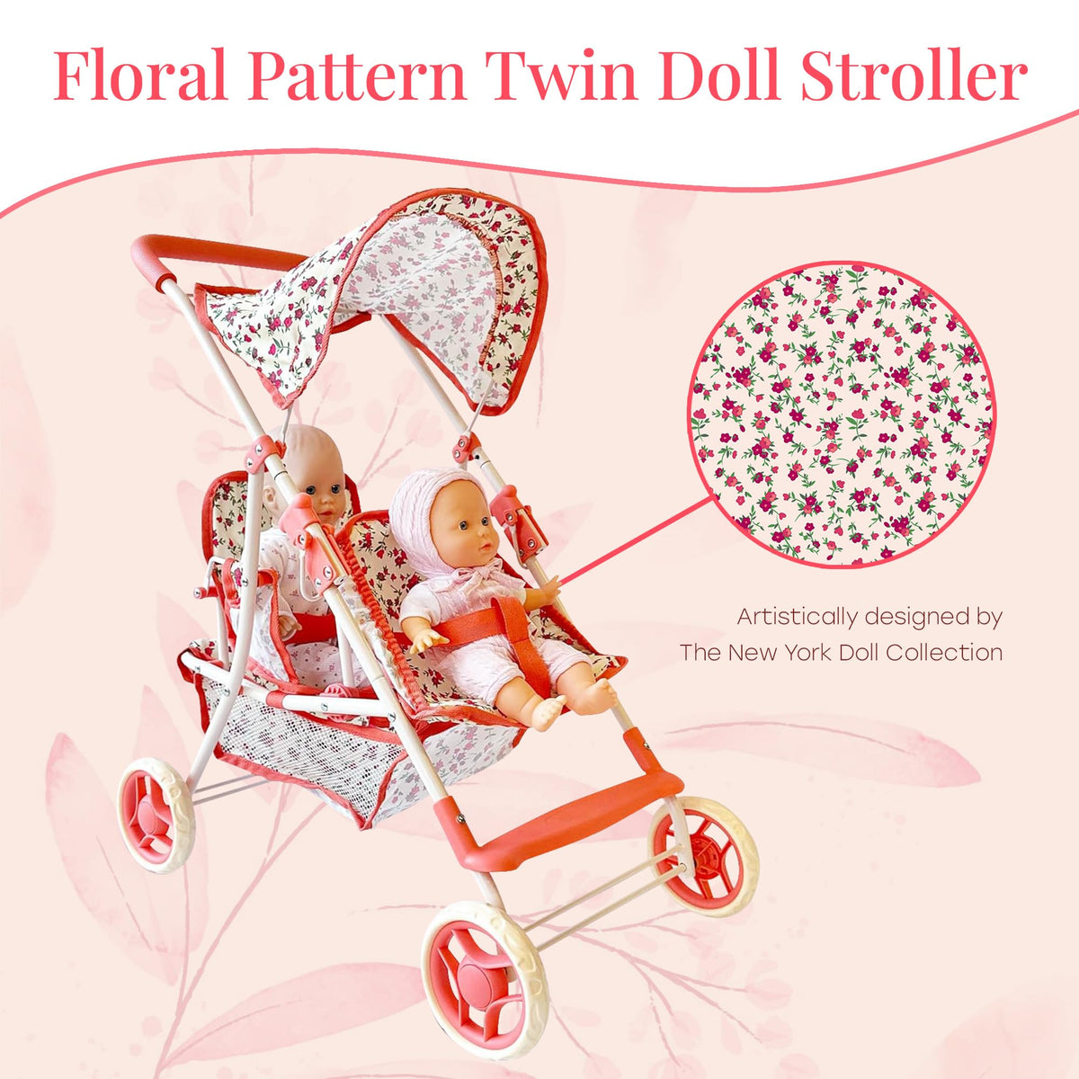 New York Doll Collection Double Doll Stroller – 25-Inch Floral Tandem for Twins