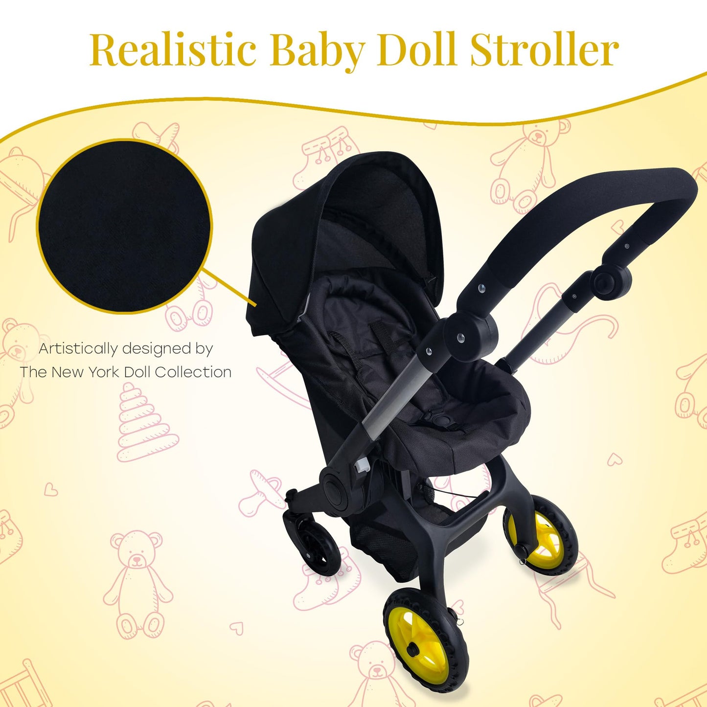 The New York Doll Collection Baby Doll Stroller & Car Seat 2-in-1 – Fits Up to 20” Dolls – Adjustable Handle (Black)