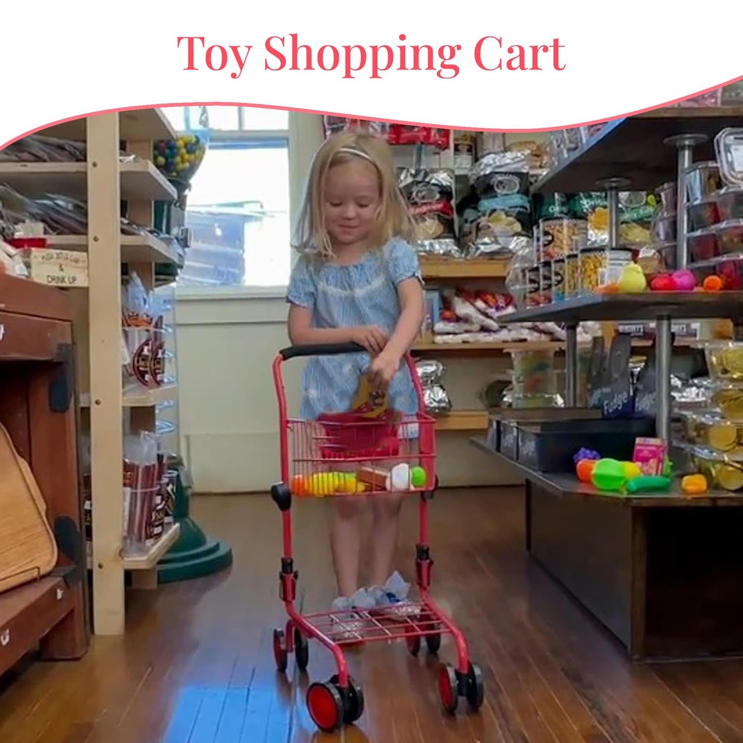 The New York Doll Collection Toy Shopping Cart for Kids – Red with Food, Folds for Easy Storage