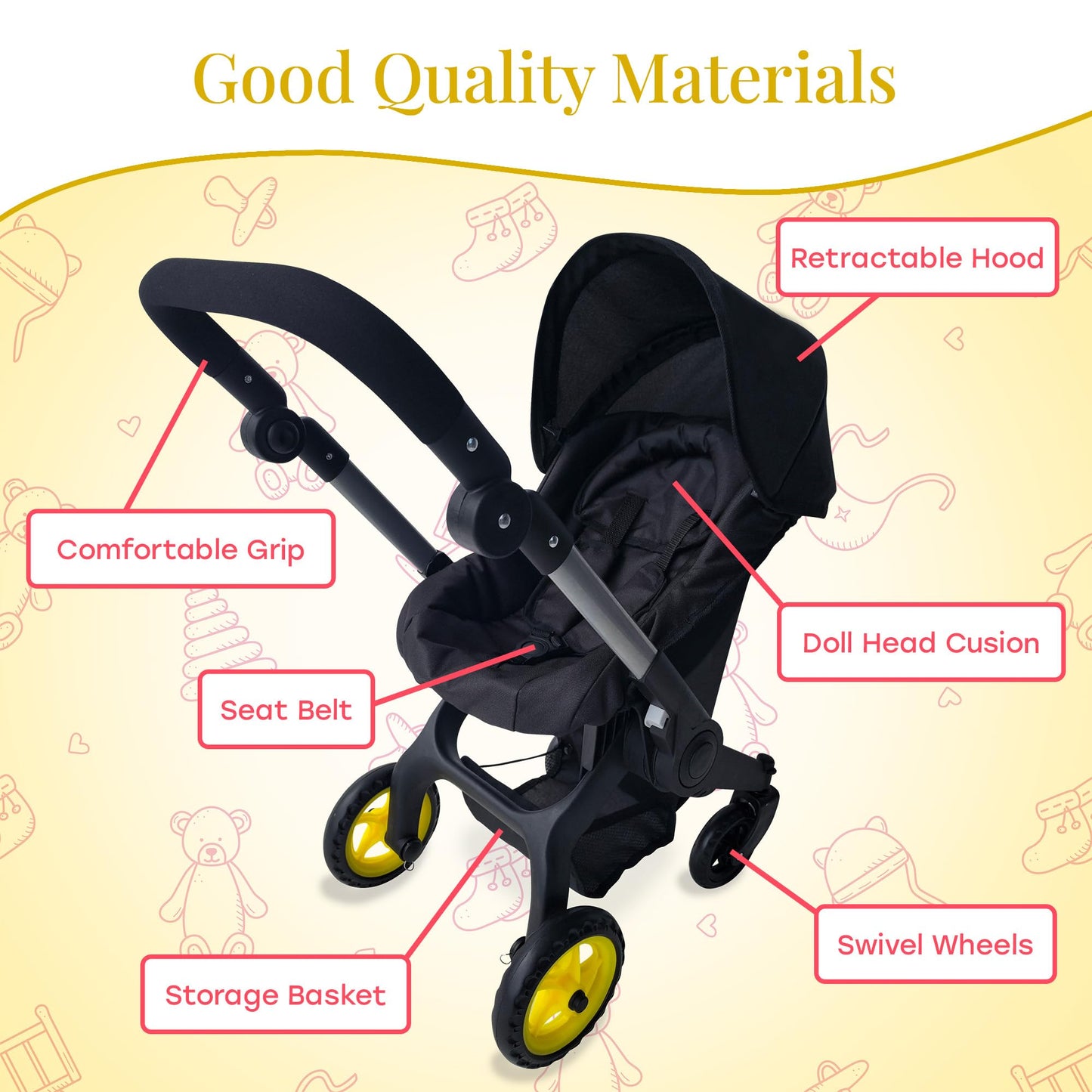 The New York Doll Collection Baby Doll Stroller & Car Seat 2-in-1 – Fits Up to 20” Dolls – Adjustable Handle (Black)