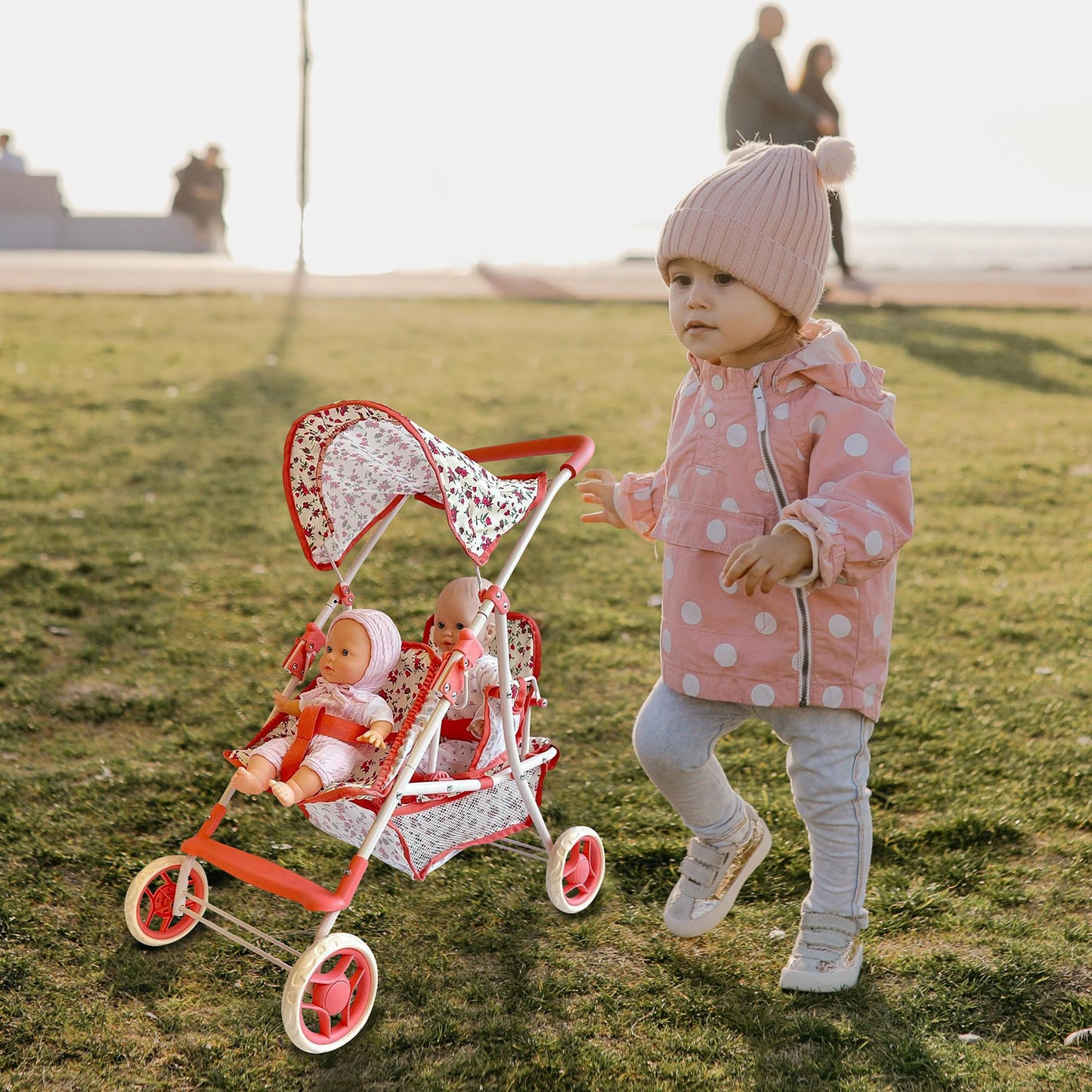 New York Doll Collection Double Doll Stroller – 25-Inch Floral Tandem for Twins