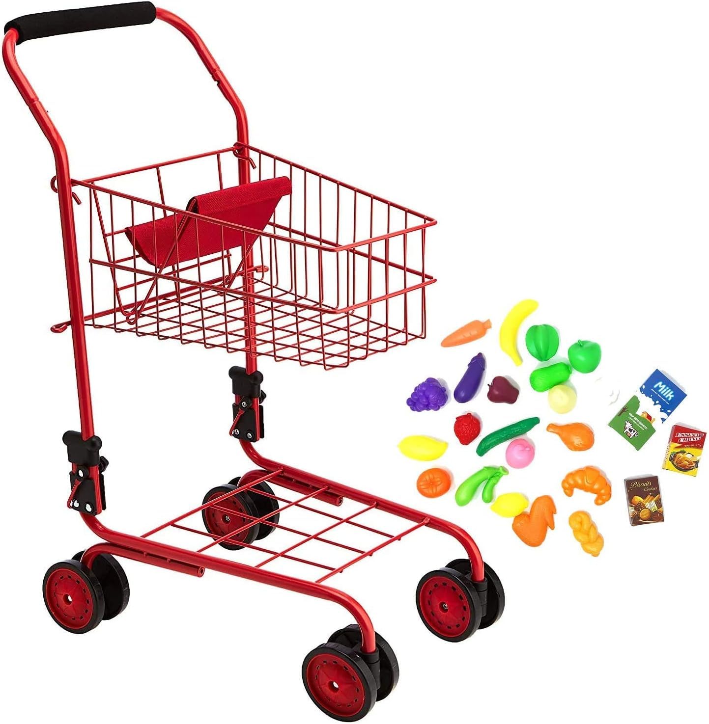 The New York Doll Collection Toy Shopping Cart for Kids – Red with Food, Folds for Easy Storage