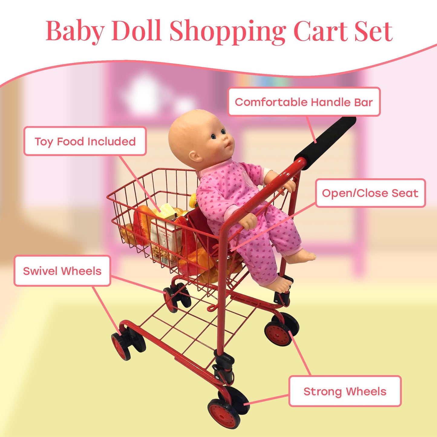 The New York Doll Collection Toy Shopping Cart for Kids – Red with Food, Folds for Easy Storage