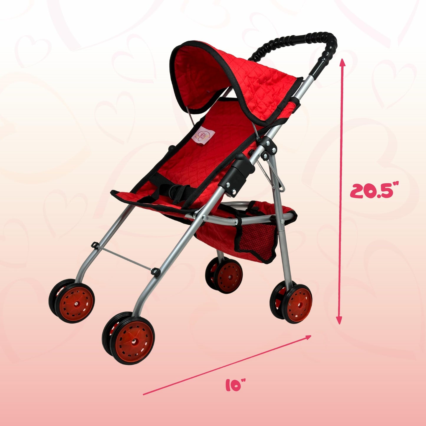 The New York Doll Collection My First Doll Stroller with Basket – Foldable Red Quilted