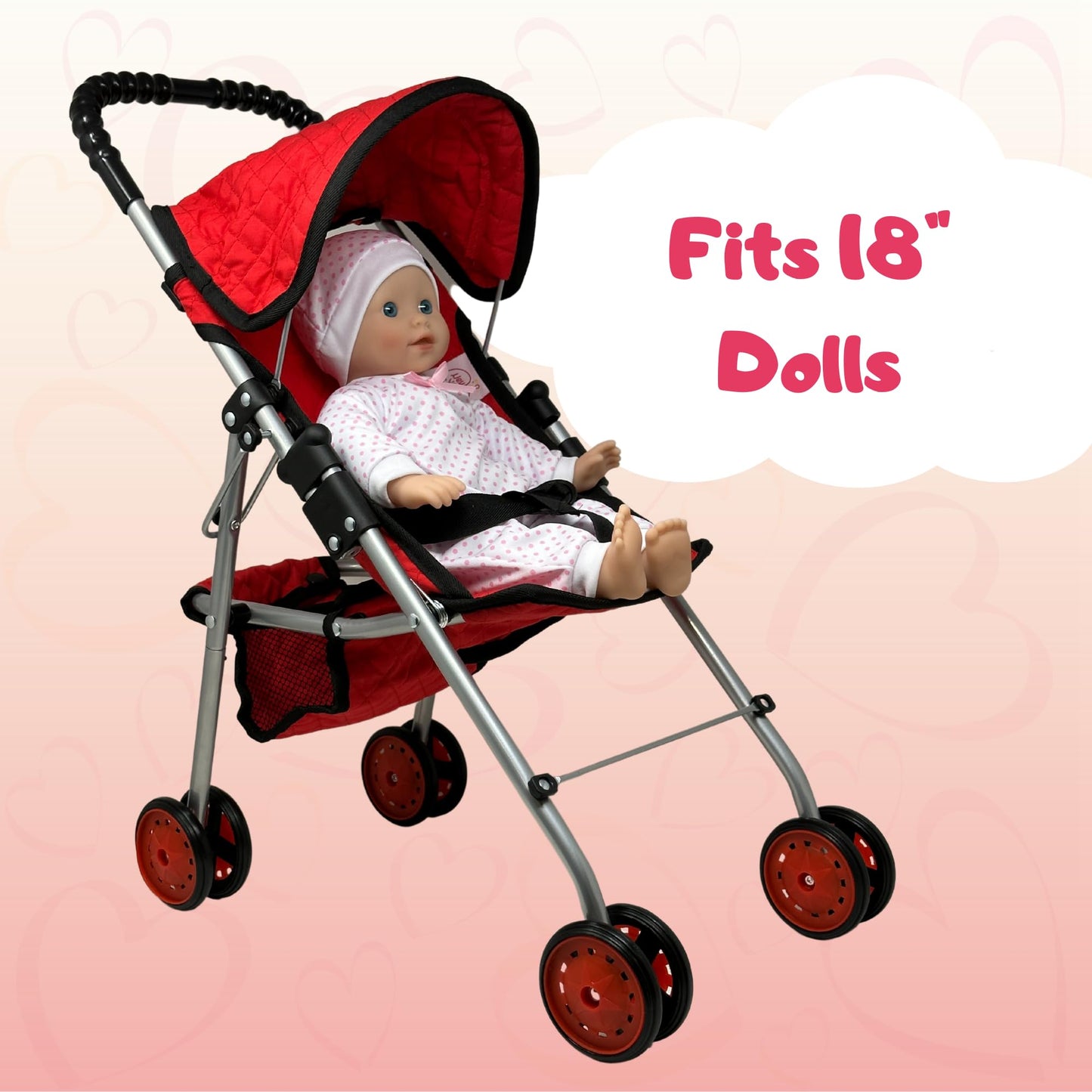 The New York Doll Collection My First Doll Stroller with Basket – Foldable Red Quilted