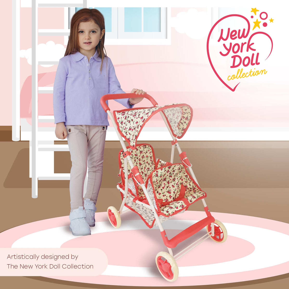 New York Doll Collection Double Doll Stroller – 25-Inch Floral Tandem for Twins