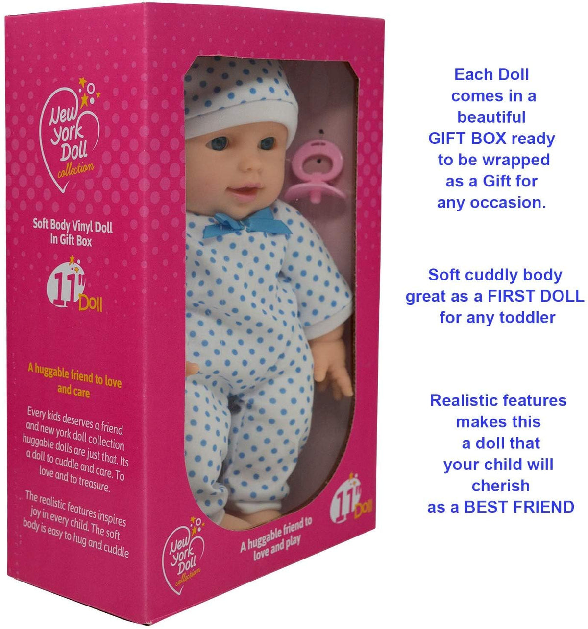 11-Inch Soft Body Boy Baby Doll with Pacifier — Gift Box Included | The New York Doll Collection