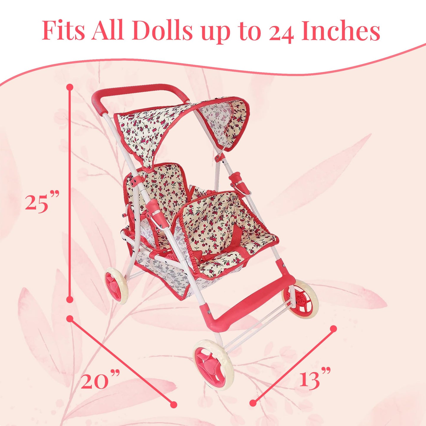 New York Doll Collection Double Doll Stroller – 25-Inch Floral Tandem for Twins