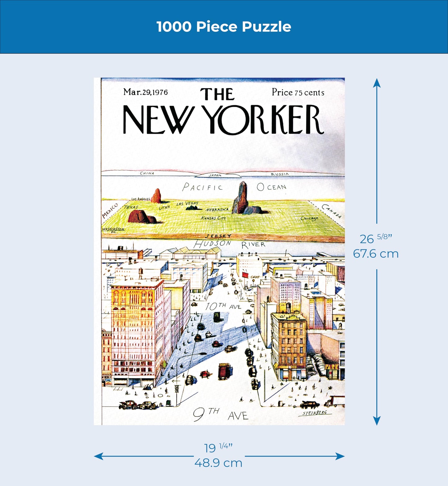 New York Puzzle Company - New Yorker View of The World 1000-Piece Jigsaw Puzzle by Saul Steinberg