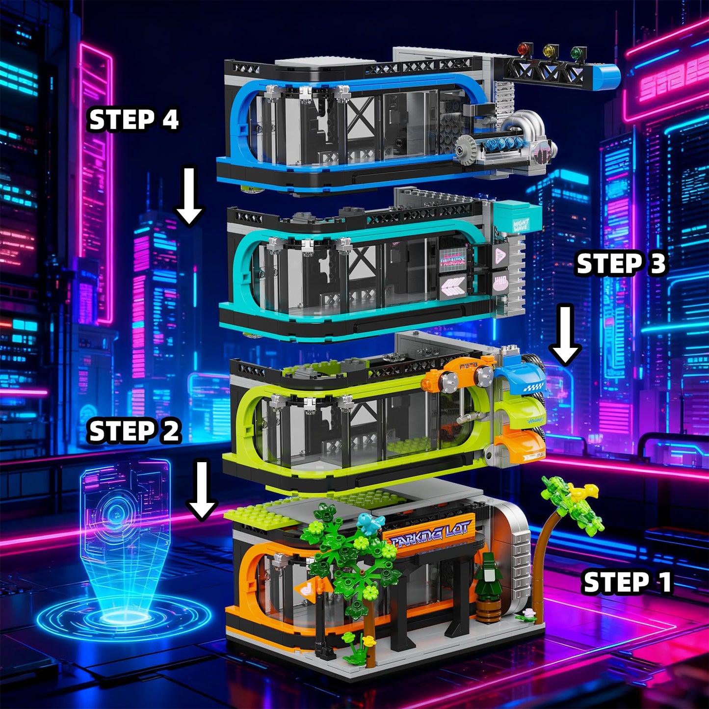 NEWABWN City Parking Tower Building Set for Adults – 1144 Pieces, 6-Stud & 1:64 Display