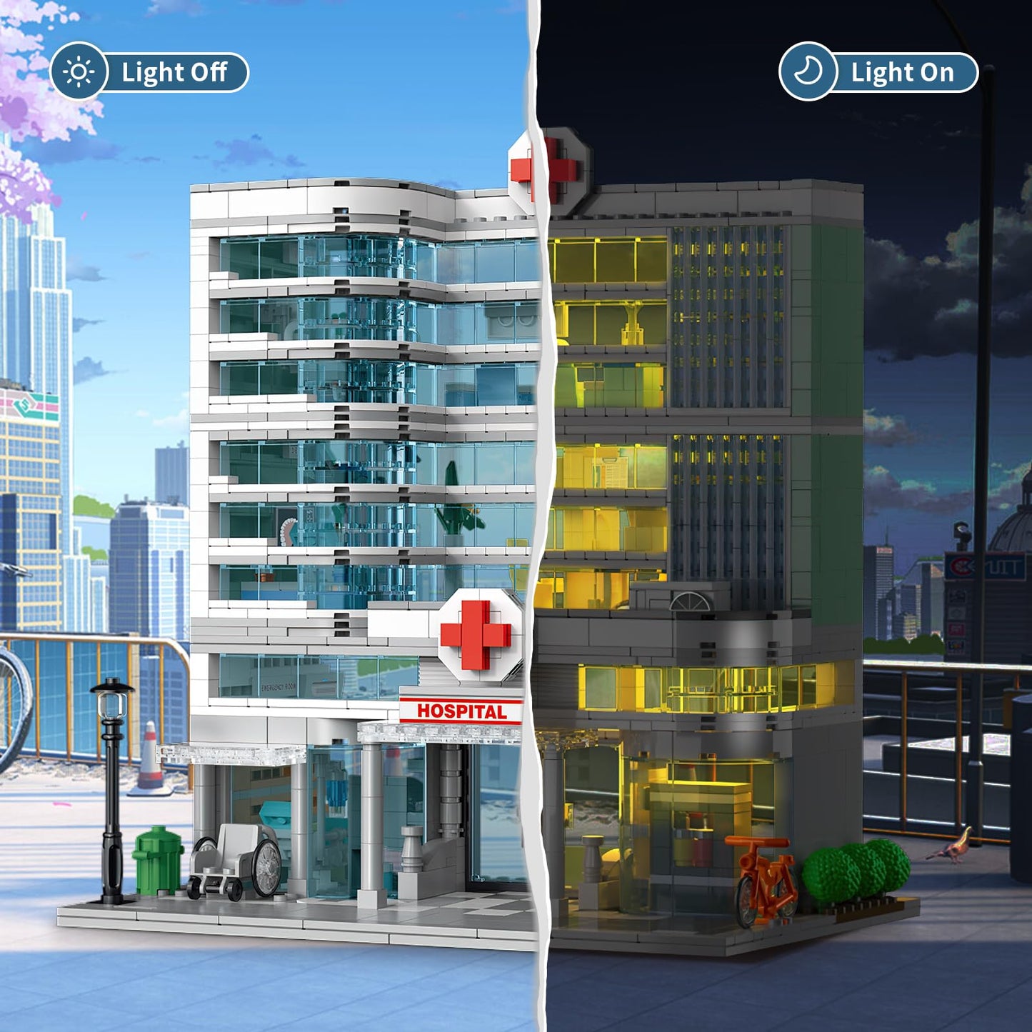 NEWABWN City Hospital Toy Building Set with LED Lighting – 3-Story Modular Build, LEGO-Compatible (1350 Pieces)