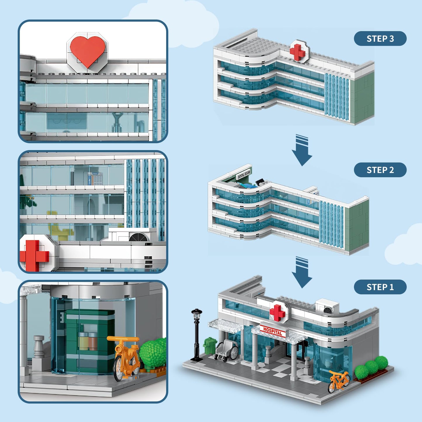 NEWABWN City Hospital Toy Building Set with LED Lighting – 3-Story Modular Build, LEGO-Compatible (1350 Pieces)