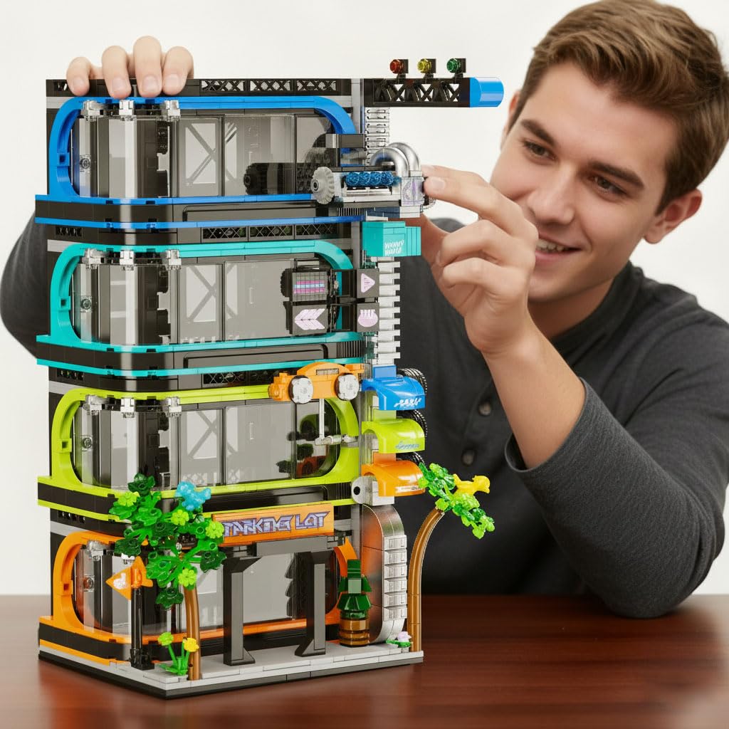 NEWABWN City Parking Tower Building Set for Adults – 1144 Pieces, 6-Stud & 1:64 Display
