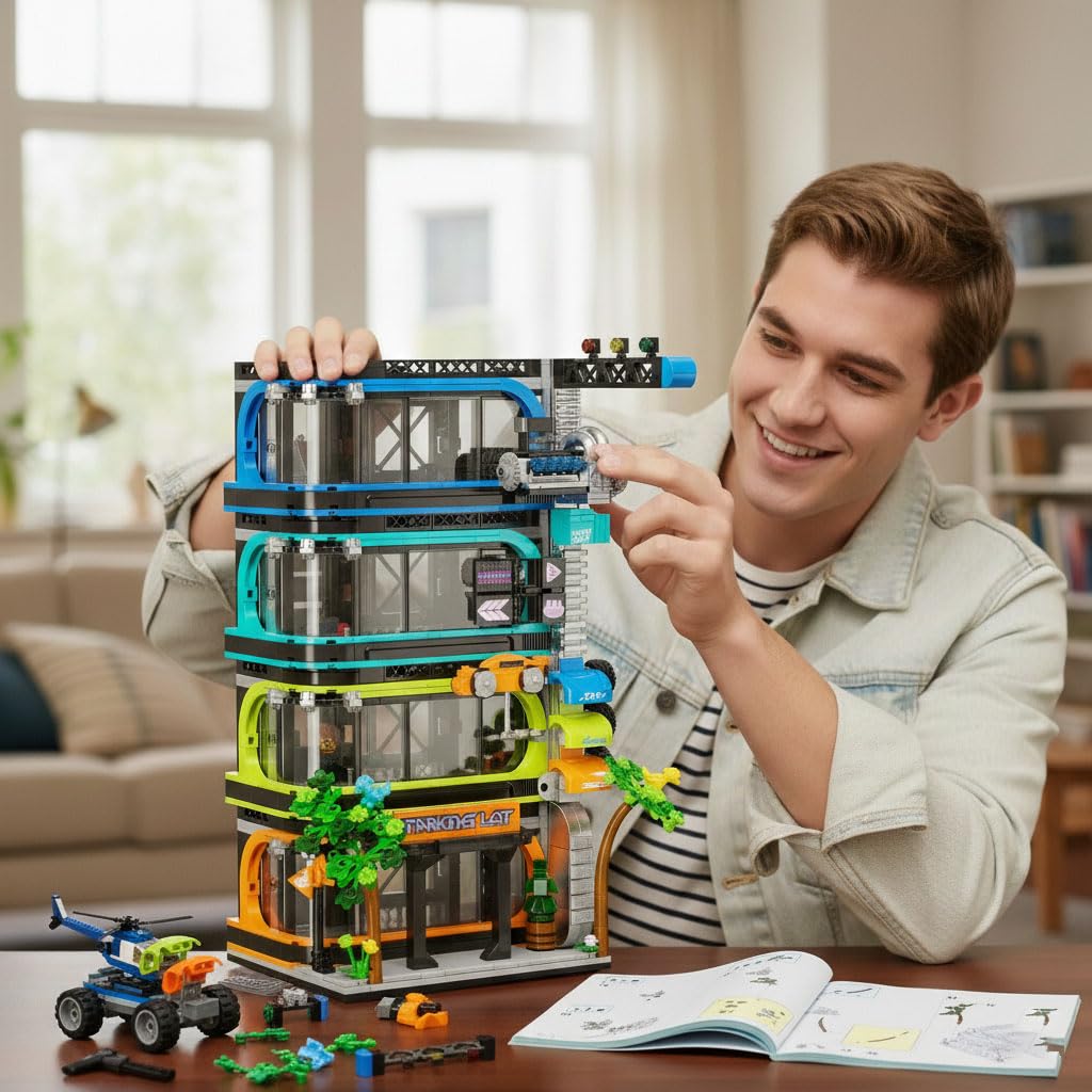 NEWABWN City Parking Tower Building Set for Adults – 1144 Pieces, 6-Stud & 1:64 Display
