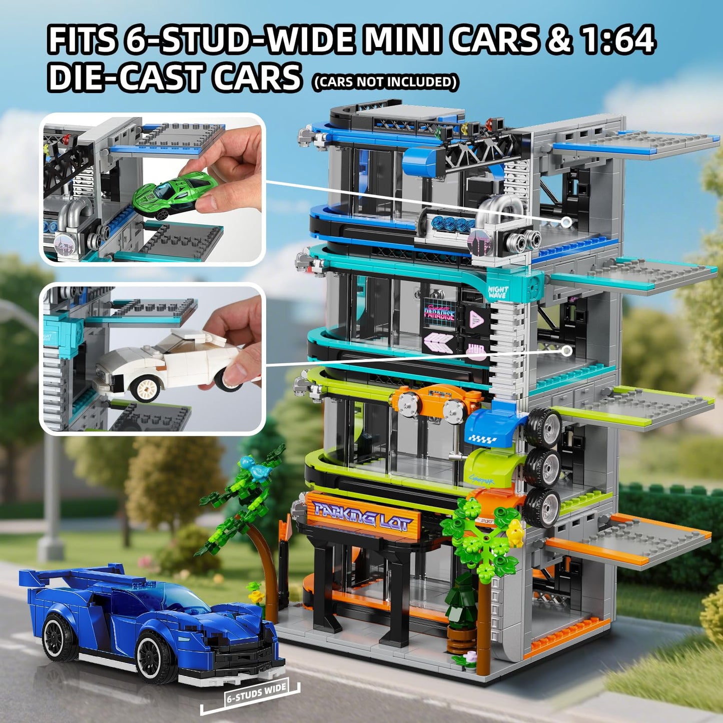 NEWABWN City Parking Tower Building Set for Adults – 1144 Pieces, 6-Stud & 1:64 Display