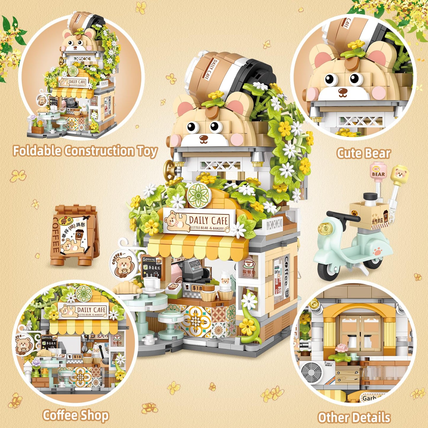NEWABWN Street View Coffee Shop Mini Building Blocks – 1077 PCS, Creative Architecture Toy