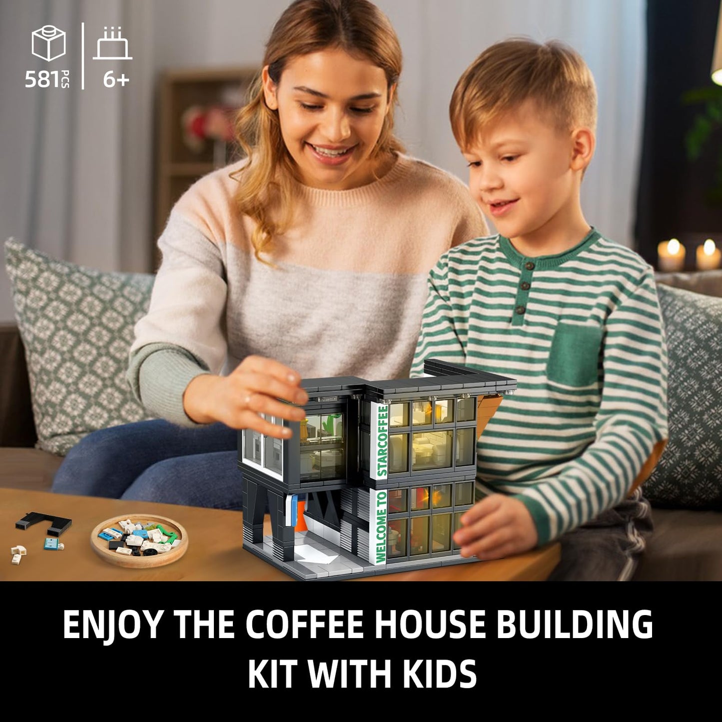 NEWABWN City Coffee House Building Set with Light – 581 PCS