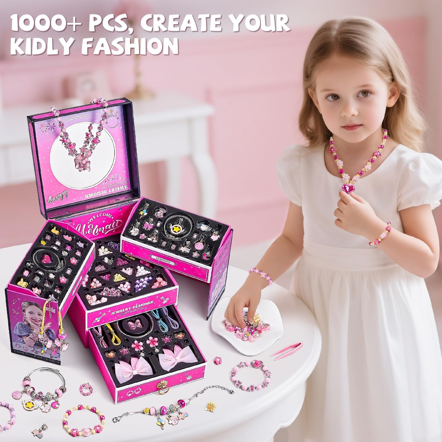NewBandMo Jewelry Making Kit for Girls 8-12 — DIY Bracelet & Bead Craft Set (Pink)
