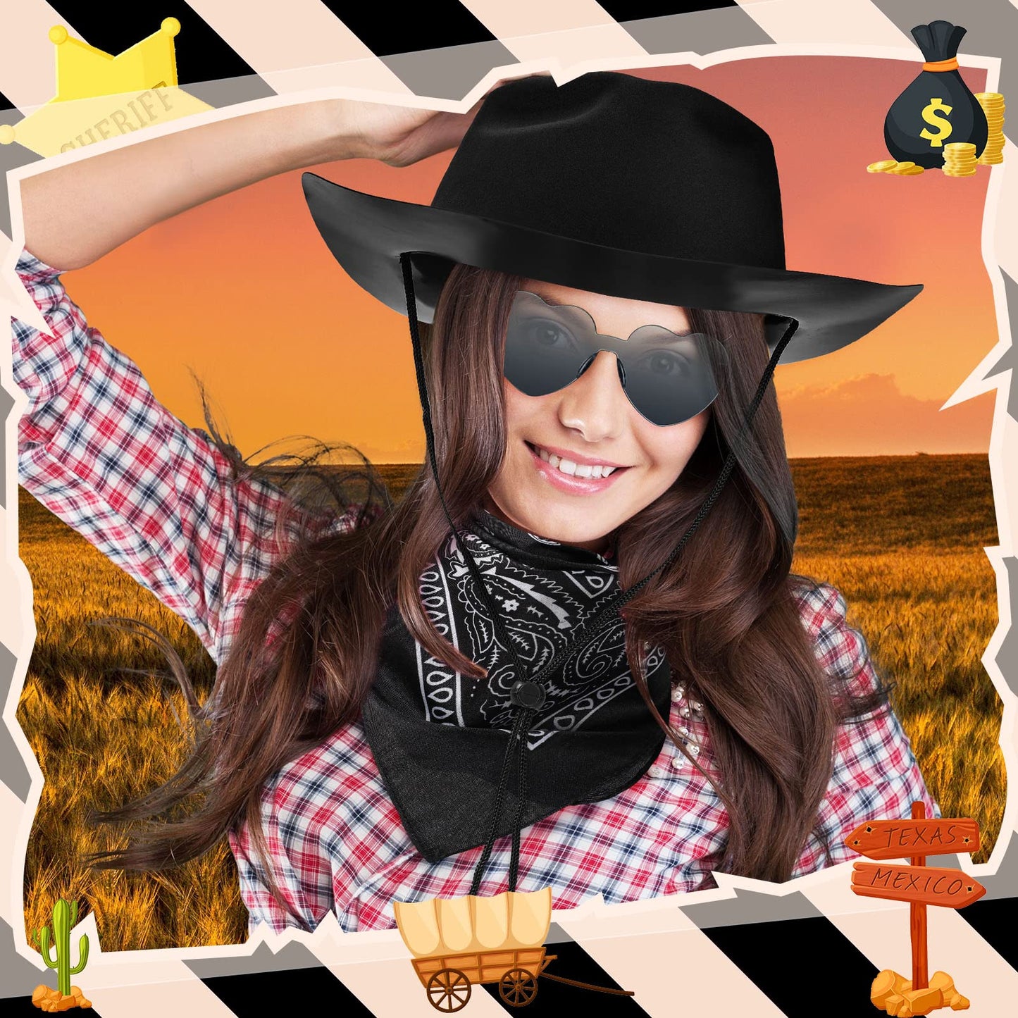 Newcotte 18-Piece Western Cowboy Hat Set — 6 Hats, 6 Bandanas, 6 Heart Sunglasses (Black)