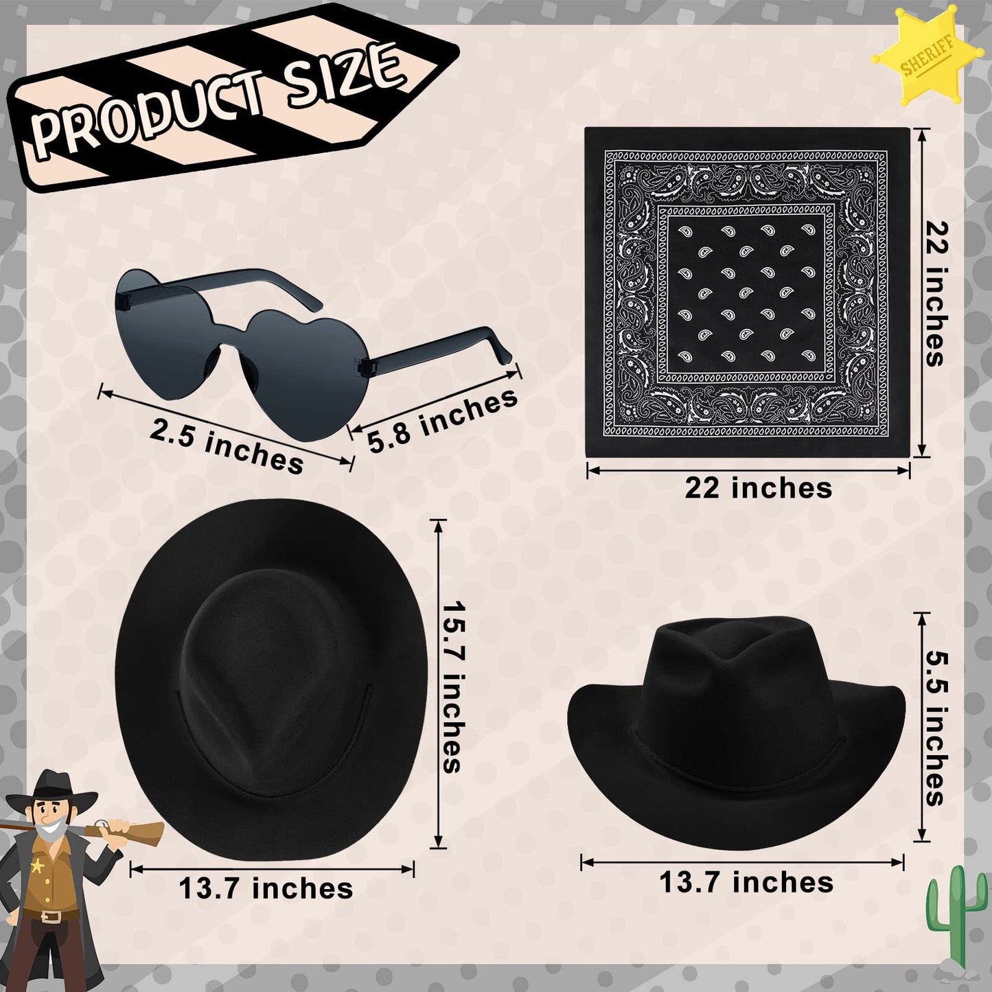Newcotte 18-Piece Western Cowboy Hat Set — 6 Hats, 6 Bandanas, 6 Heart Sunglasses (Black)