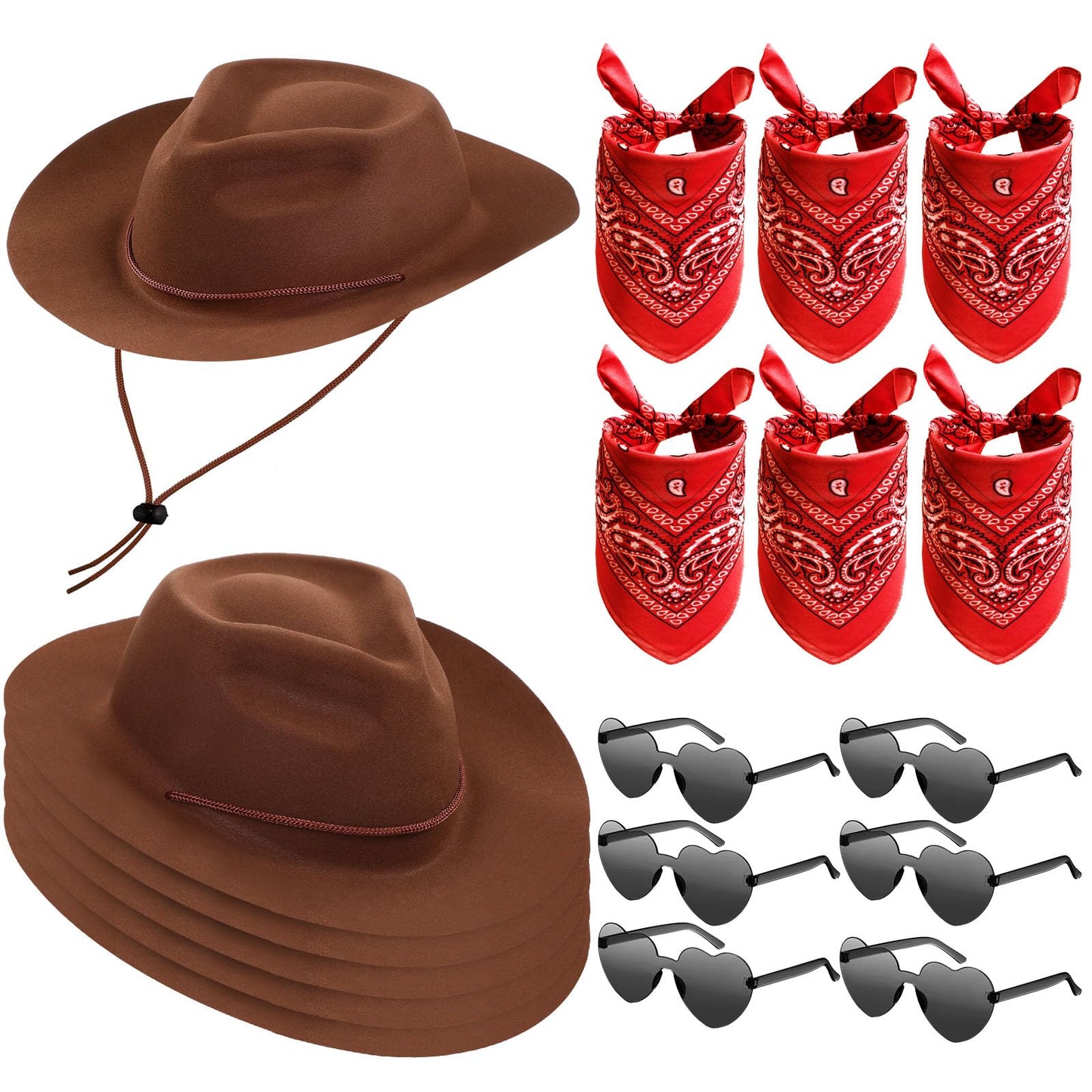 Newcotte 18-Piece Western Cowboy Hat Set – 6 Hats, 6 Paisley Bandanas, 6 Heart Sunglasses (Brown)