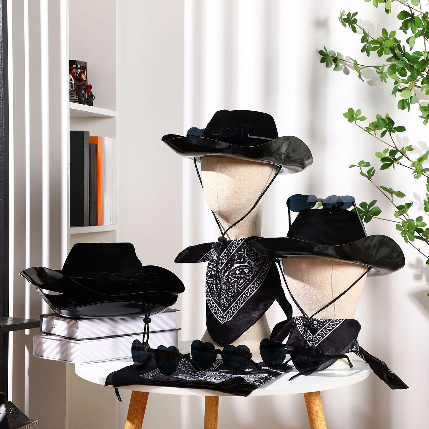 Newcotte 18-Piece Western Cowboy Hat Set — 6 Hats, 6 Bandanas, 6 Heart Sunglasses (Black)