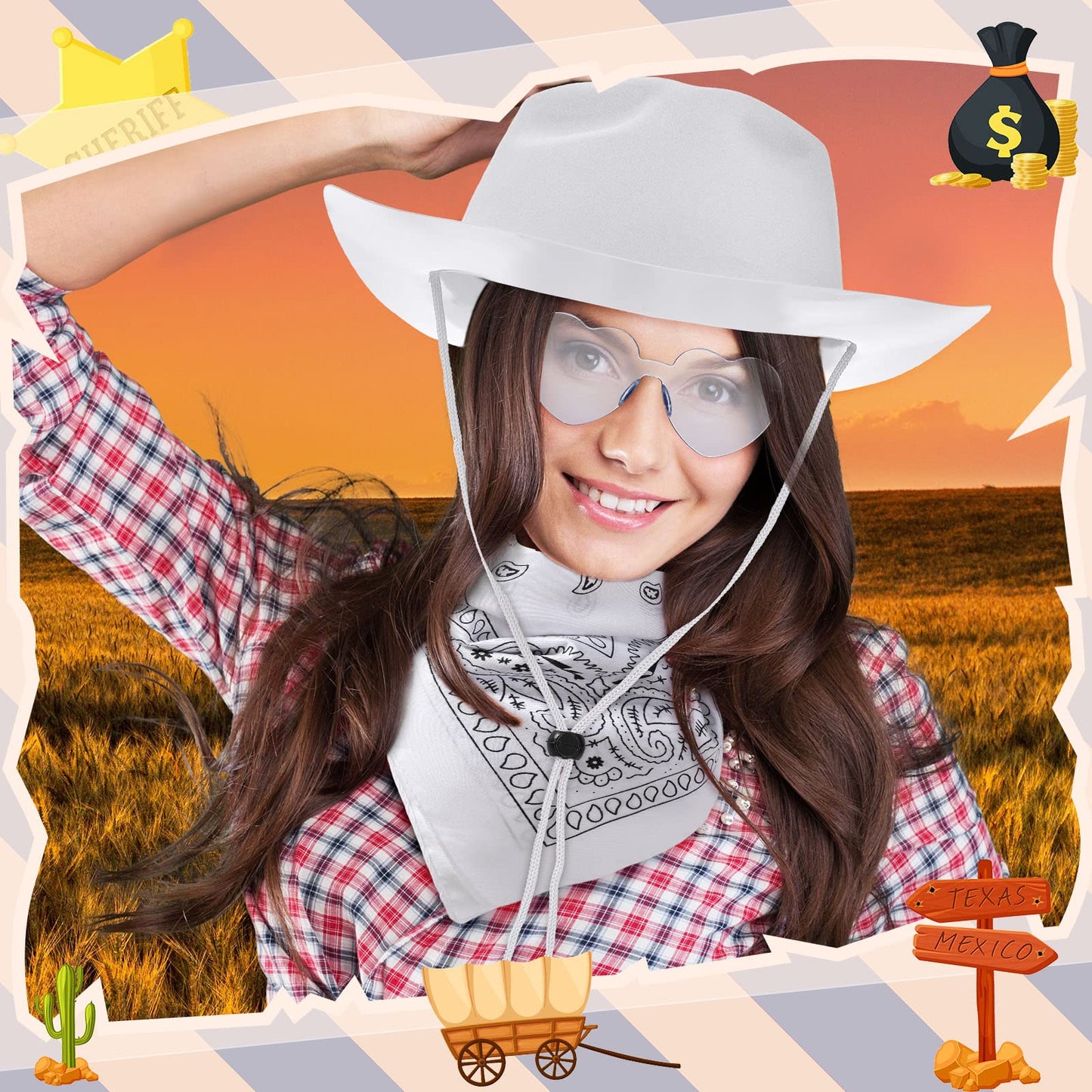 Newcotte 18 Pcs Western Cowboy Hat Set – White Hats, Paisley Bandanas & Heart Sunglasses for Parties