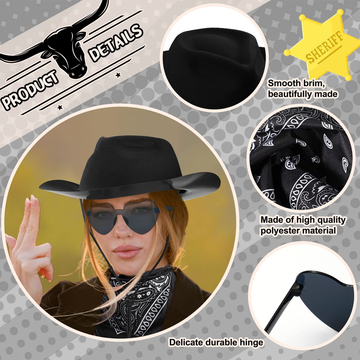 Newcotte 18-Piece Western Cowboy Hat Set — 6 Hats, 6 Bandanas, 6 Heart Sunglasses (Black)